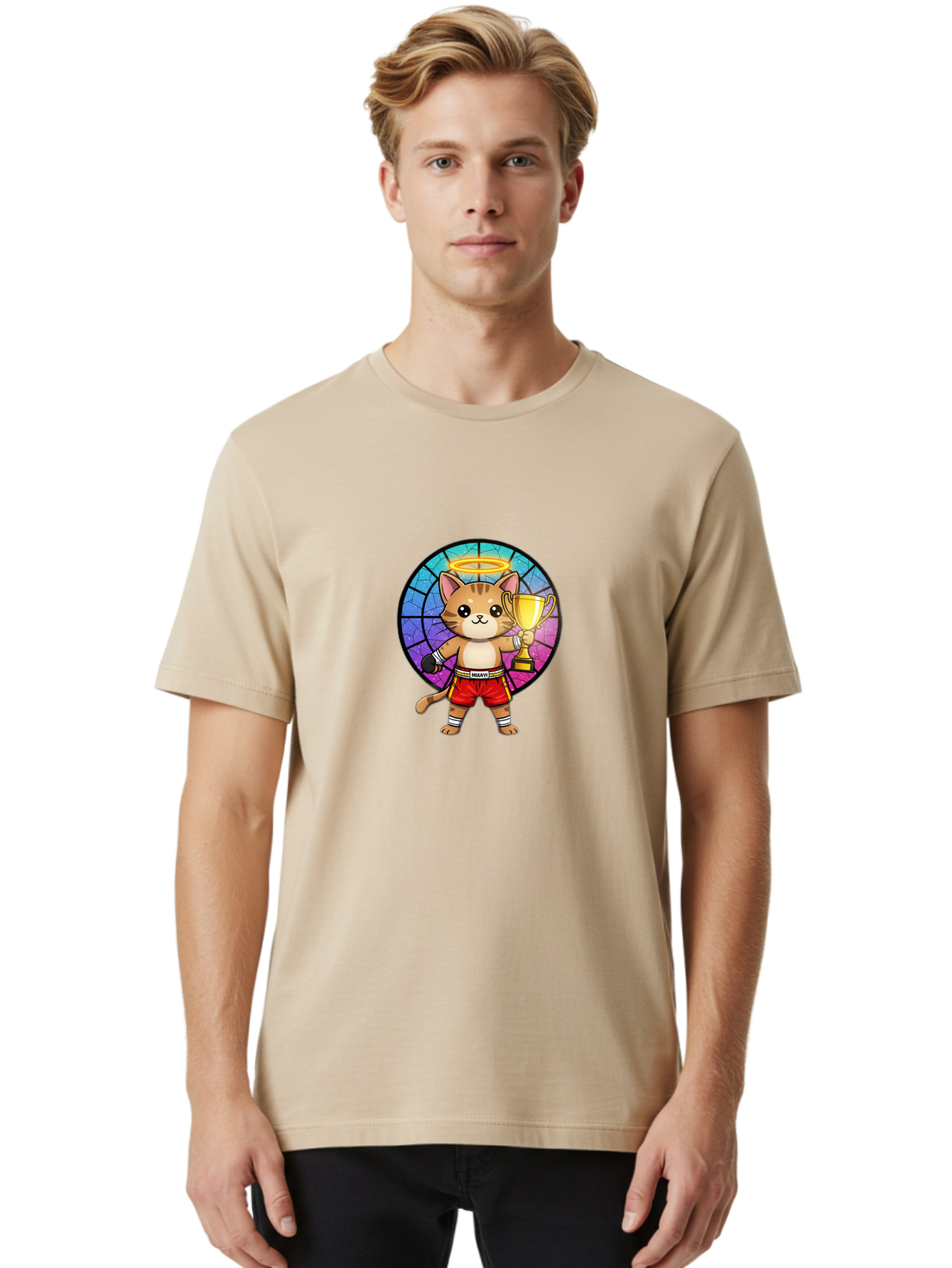 Muay-Cat-1 Men'S Graphic Tee, 100% Cotton, Comfortable Casual Summer Wear, Machine Washable, Cartoon Cat, Muay Thai Fighter, Gold Trophy, Boxing Gloves, Red Shorts, Champion, Victorious, Stained Glass, Halo, Whimsical Design, Funny Kitty, Bae544 23