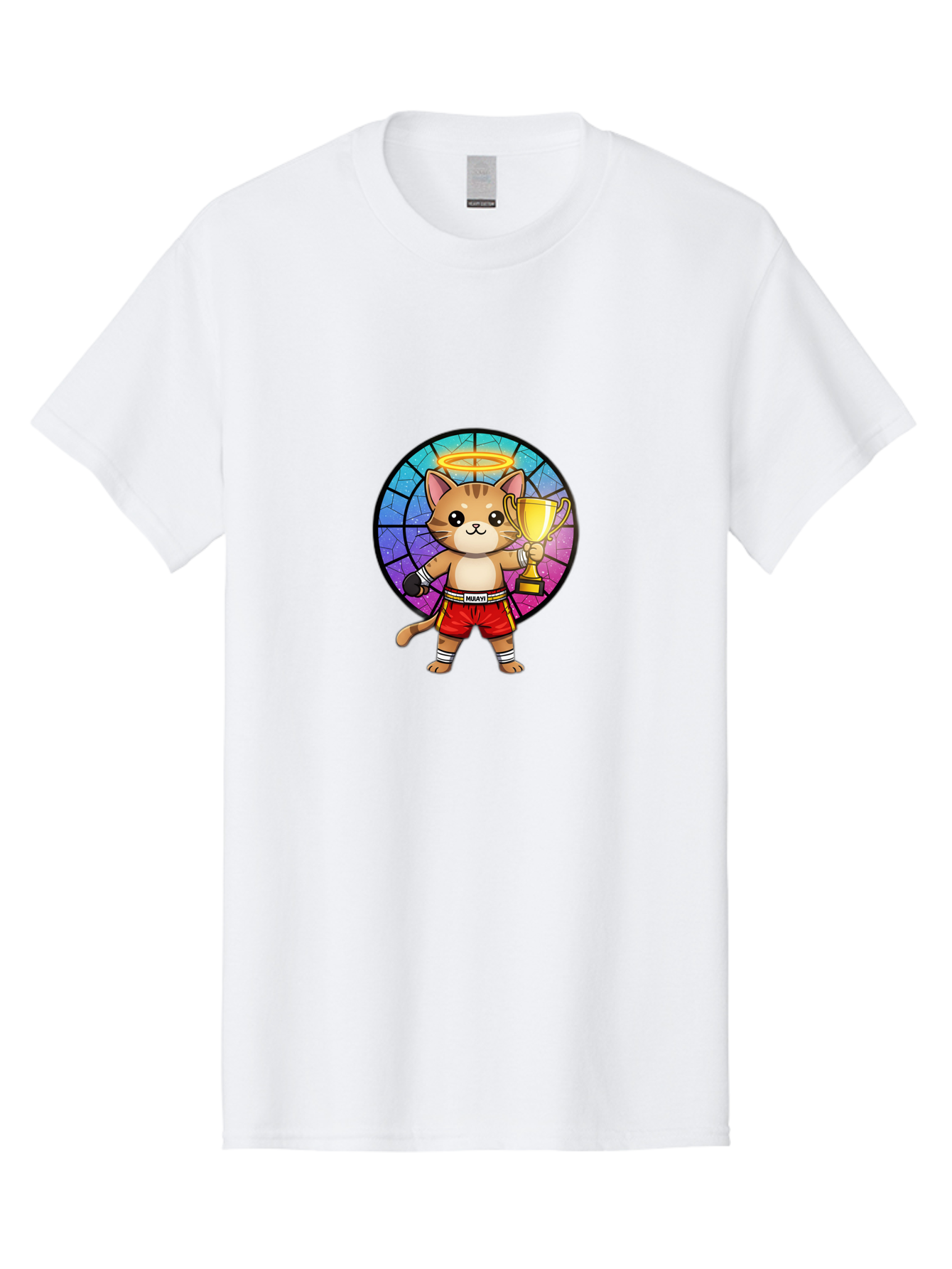 Muay-Cat-1 Men'S Graphic Tee, 100% Cotton, Comfortable Casual Summer Wear, Machine Washable, Cartoon Cat, Muay Thai Fighter, Gold Trophy, Boxing Gloves, Red Shorts, Champion, Victorious, Stained Glass, Halo, Whimsical Design, Funny Kitty, Bae544 3
