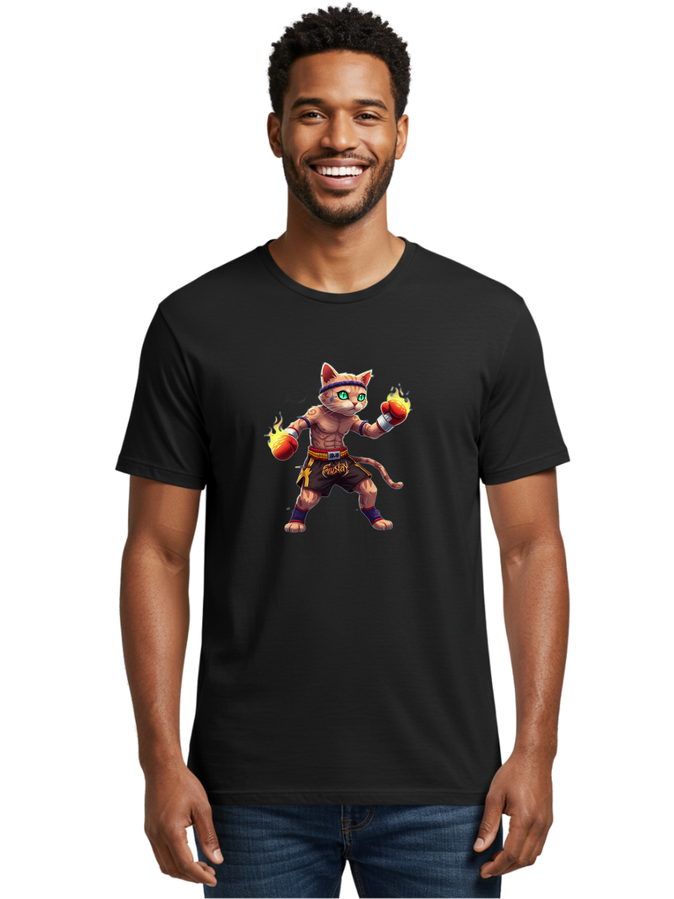 Muay-Cat-2 Men'S Graphic Tee, 100% Cotton, Comfortable Casual Summer Wear, Machine Washable, Boxing Cat, Martial Arts, Muay Thai, Fighting Cat, Cartoon Character, Muscular Cat, Green Eyes, Boxing Gloves With Flames, Sports Illustration, Bae545 20