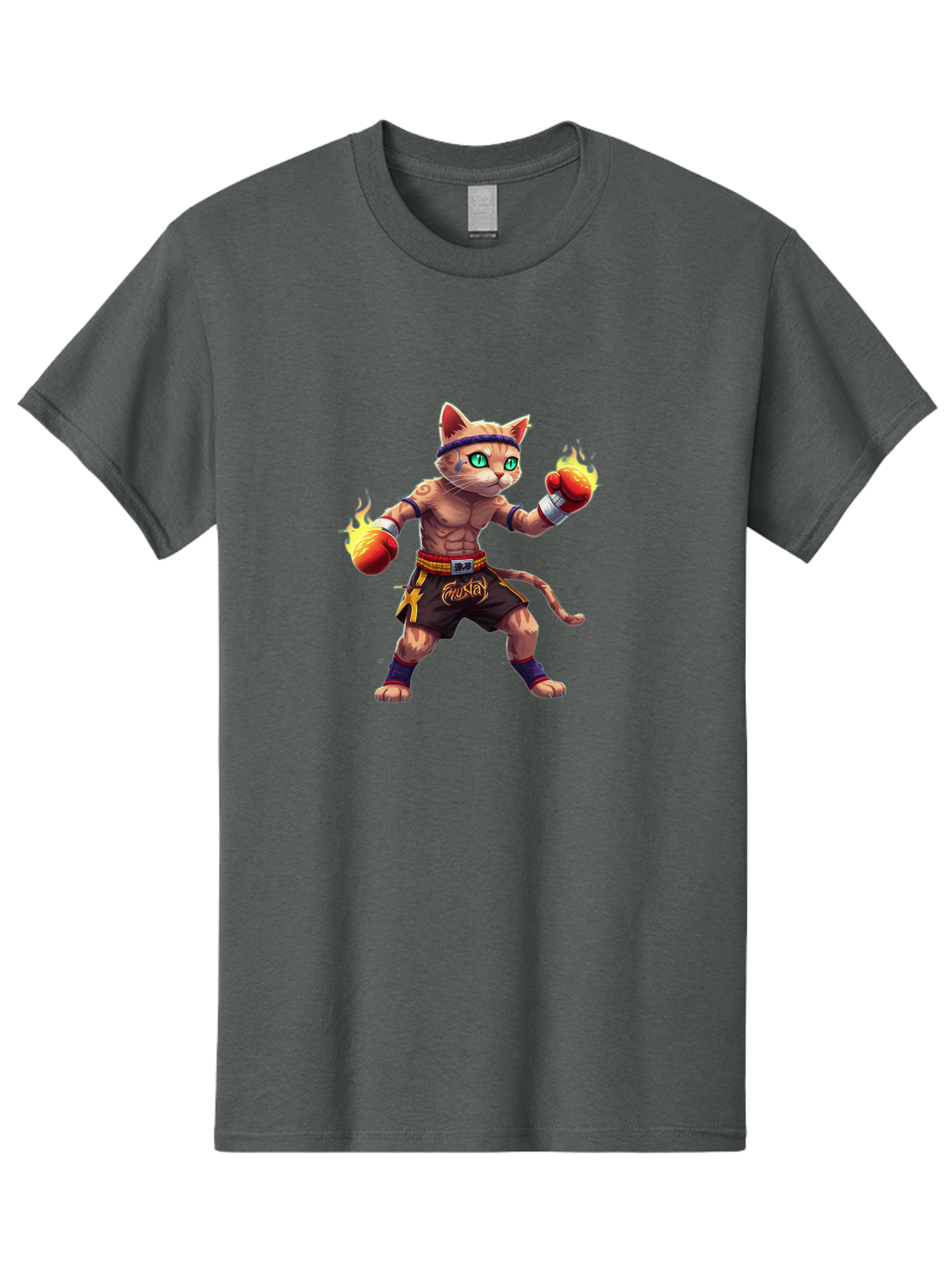 Muay-Cat-2 Men'S Graphic Tee, 100% Cotton, Comfortable Casual Summer Wear, Machine Washable, Boxing Cat, Martial Arts, Muay Thai, Fighting Cat, Cartoon Character, Muscular Cat, Green Eyes, Boxing Gloves With Flames, Sports Illustration, Bae545 13