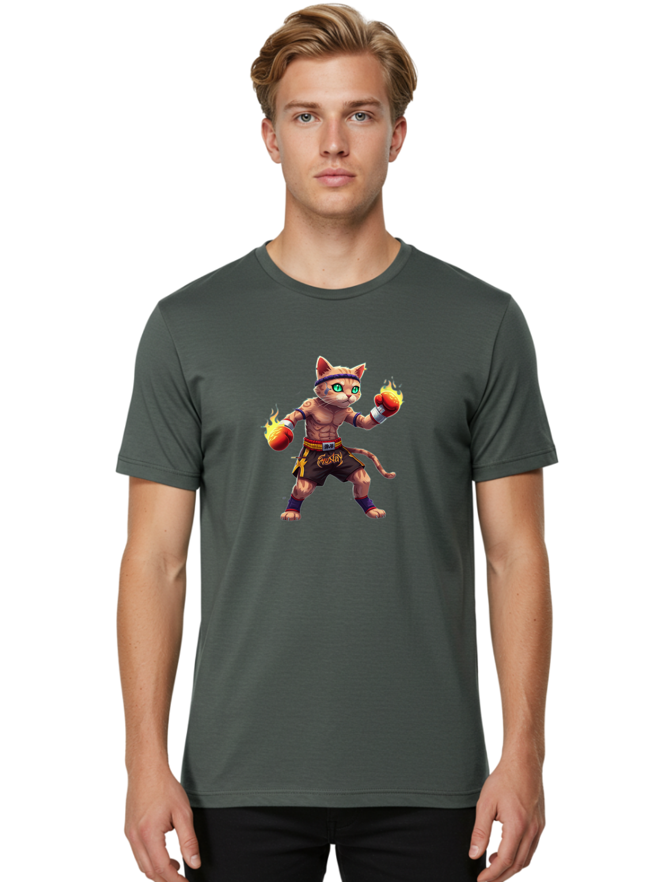 Muay-Cat-2 Men'S Graphic Tee, 100% Cotton, Comfortable Casual Summer Wear, Machine Washable, Boxing Cat, Martial Arts, Muay Thai, Fighting Cat, Cartoon Character, Muscular Cat, Green Eyes, Boxing Gloves With Flames, Sports Illustration, Bae545 28