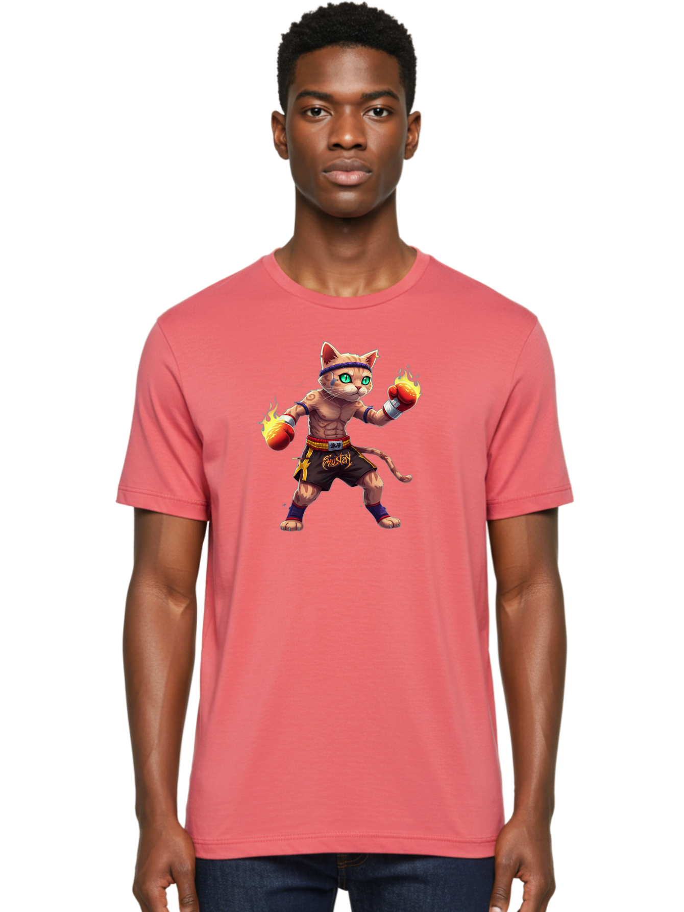 Muay-Cat-2 Men'S Graphic Tee, 100% Cotton, Comfortable Casual Summer Wear, Machine Washable, Boxing Cat, Martial Arts, Muay Thai, Fighting Cat, Cartoon Character, Muscular Cat, Green Eyes, Boxing Gloves With Flames, Sports Illustration, Bae545 30