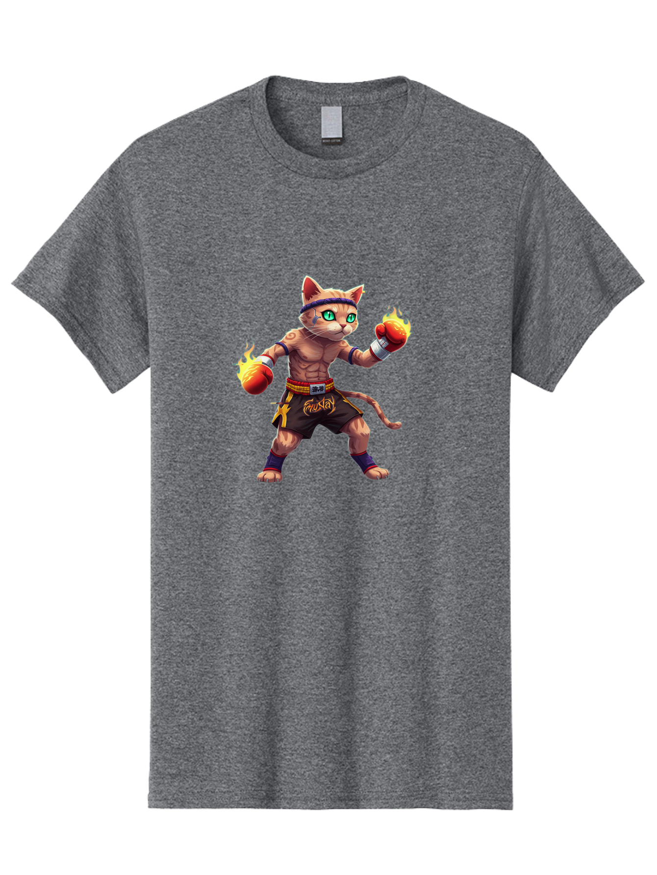 Muay-Cat-2 Men'S Graphic Tee, 100% Cotton, Comfortable Casual Summer Wear, Machine Washable, Boxing Cat, Martial Arts, Muay Thai, Fighting Cat, Cartoon Character, Muscular Cat, Green Eyes, Boxing Gloves With Flames, Sports Illustration, Bae545 1