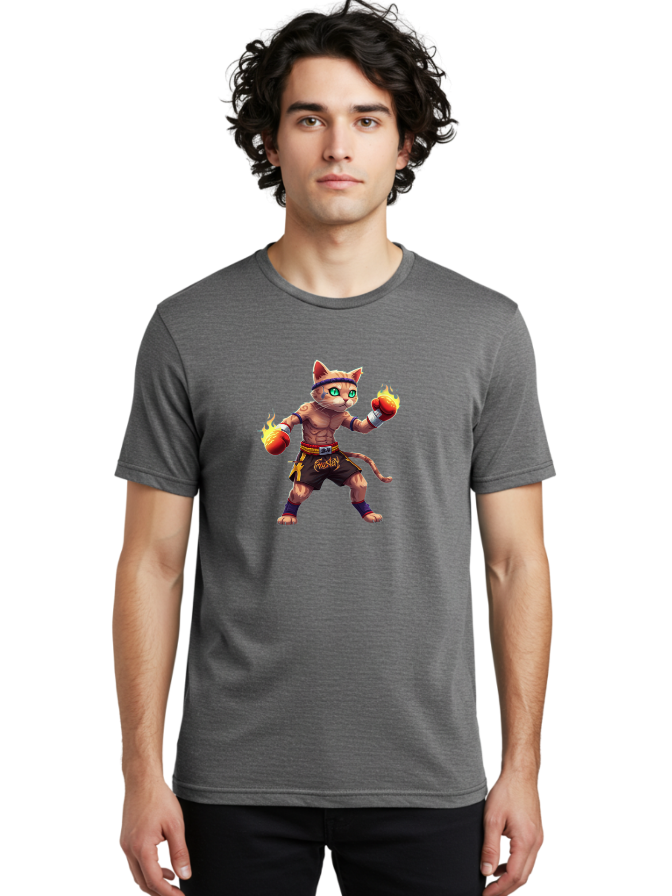 Muay-Cat-2 Men'S Graphic Tee, 100% Cotton, Comfortable Casual Summer Wear, Machine Washable, Boxing Cat, Martial Arts, Muay Thai, Fighting Cat, Cartoon Character, Muscular Cat, Green Eyes, Boxing Gloves With Flames, Sports Illustration, Bae545 16