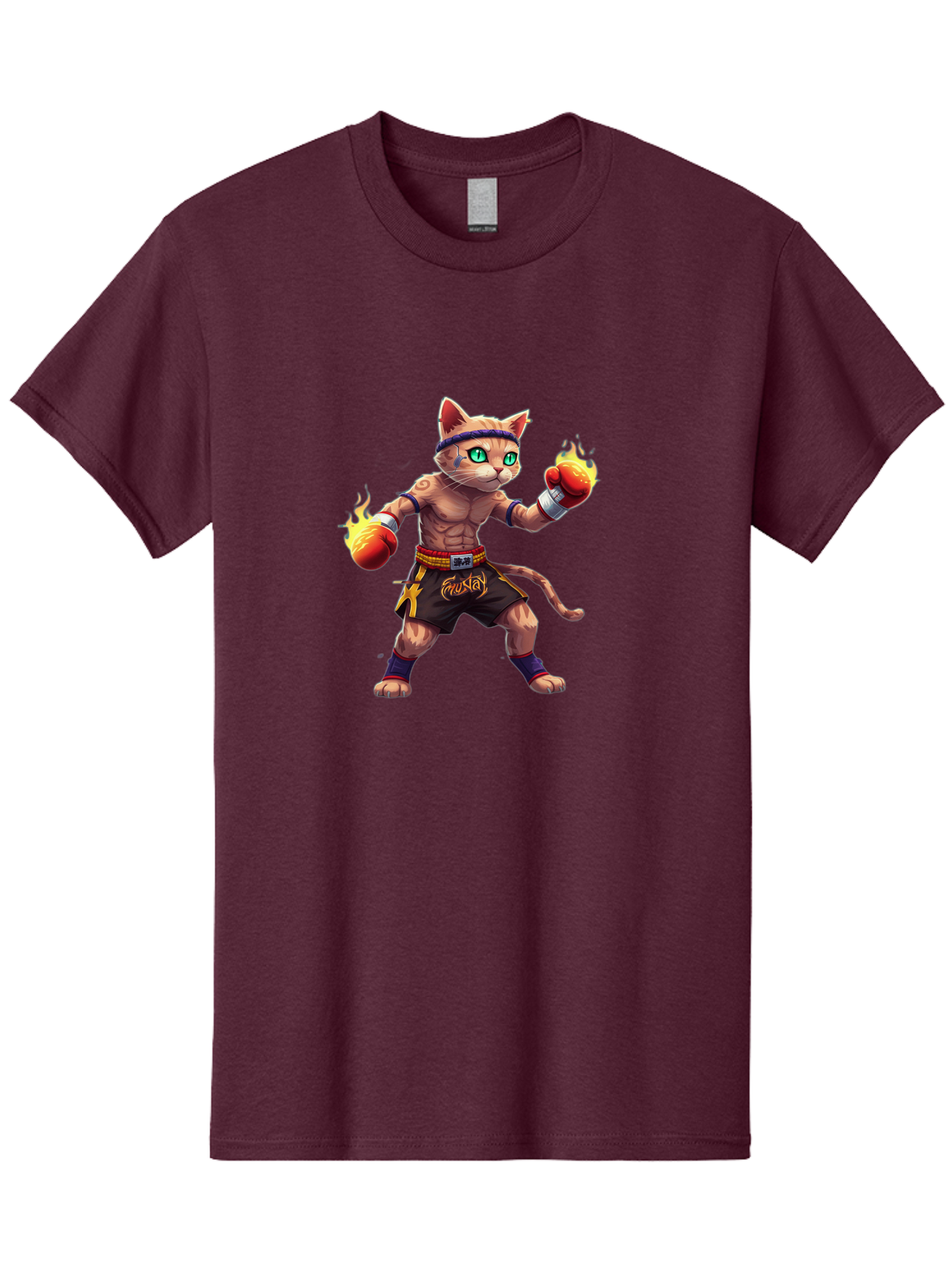 Muay-Cat-2 Men'S Graphic Tee, 100% Cotton, Comfortable Casual Summer Wear, Machine Washable, Boxing Cat, Martial Arts, Muay Thai, Fighting Cat, Cartoon Character, Muscular Cat, Green Eyes, Boxing Gloves With Flames, Sports Illustration, Bae545 10