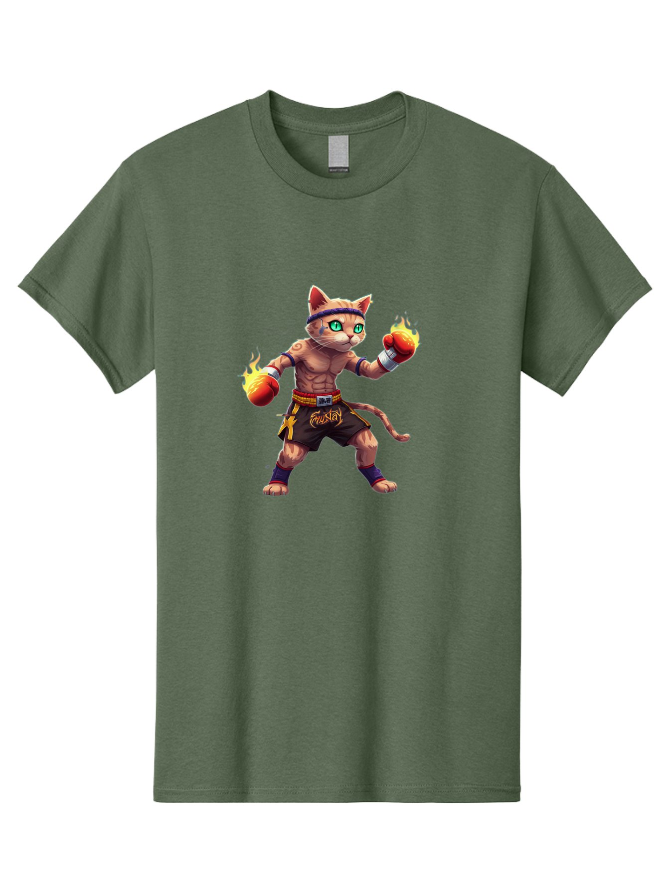 Muay-Cat-2 Men'S Graphic Tee, 100% Cotton, Comfortable Casual Summer Wear, Machine Washable, Boxing Cat, Martial Arts, Muay Thai, Fighting Cat, Cartoon Character, Muscular Cat, Green Eyes, Boxing Gloves With Flames, Sports Illustration, Bae545 4