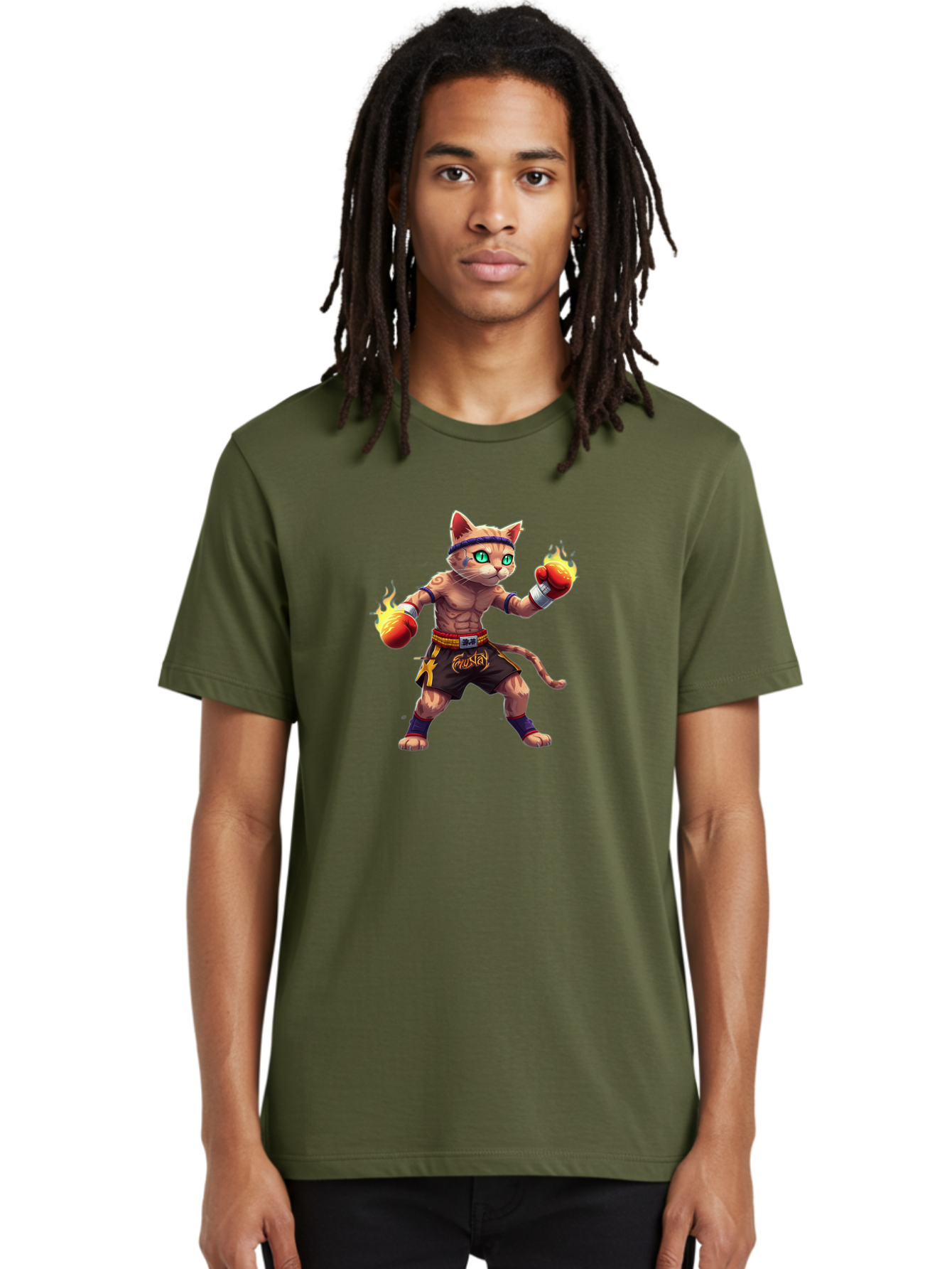 Muay-Cat-2 Men'S Graphic Tee, 100% Cotton, Comfortable Casual Summer Wear, Machine Washable, Boxing Cat, Martial Arts, Muay Thai, Fighting Cat, Cartoon Character, Muscular Cat, Green Eyes, Boxing Gloves With Flames, Sports Illustration, Bae545 19