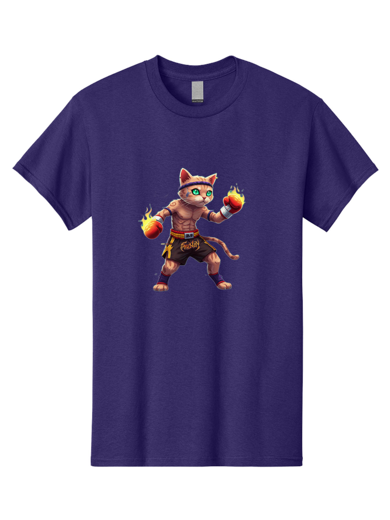Muay-Cat-2 Men'S Graphic Tee, 100% Cotton, Comfortable Casual Summer Wear, Machine Washable, Boxing Cat, Martial Arts, Muay Thai, Fighting Cat, Cartoon Character, Muscular Cat, Green Eyes, Boxing Gloves With Flames, Sports Illustration, Bae545 9