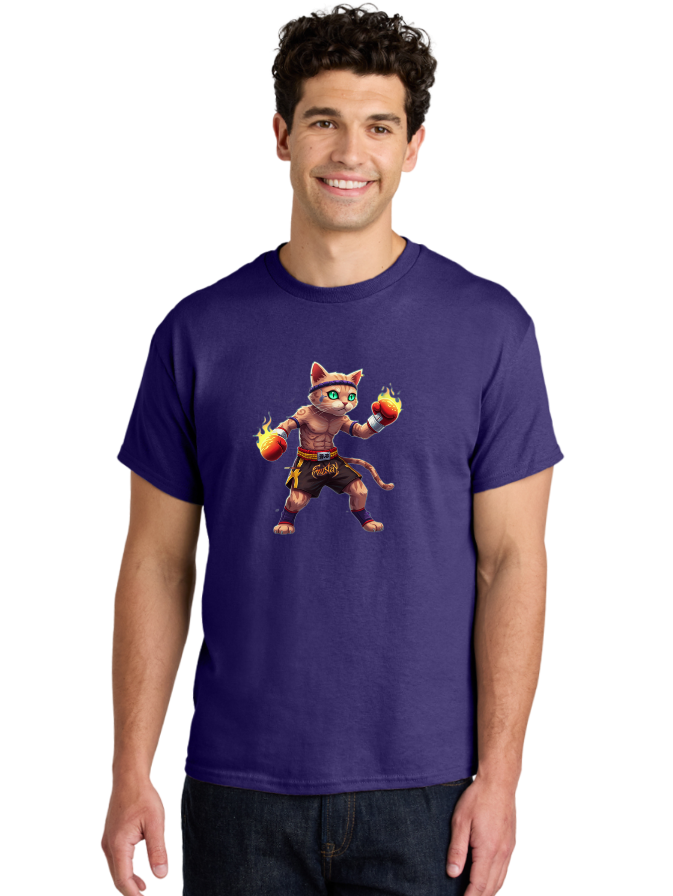 Muay-Cat-2 Men'S Graphic Tee, 100% Cotton, Comfortable Casual Summer Wear, Machine Washable, Boxing Cat, Martial Arts, Muay Thai, Fighting Cat, Cartoon Character, Muscular Cat, Green Eyes, Boxing Gloves With Flames, Sports Illustration, Bae545 24