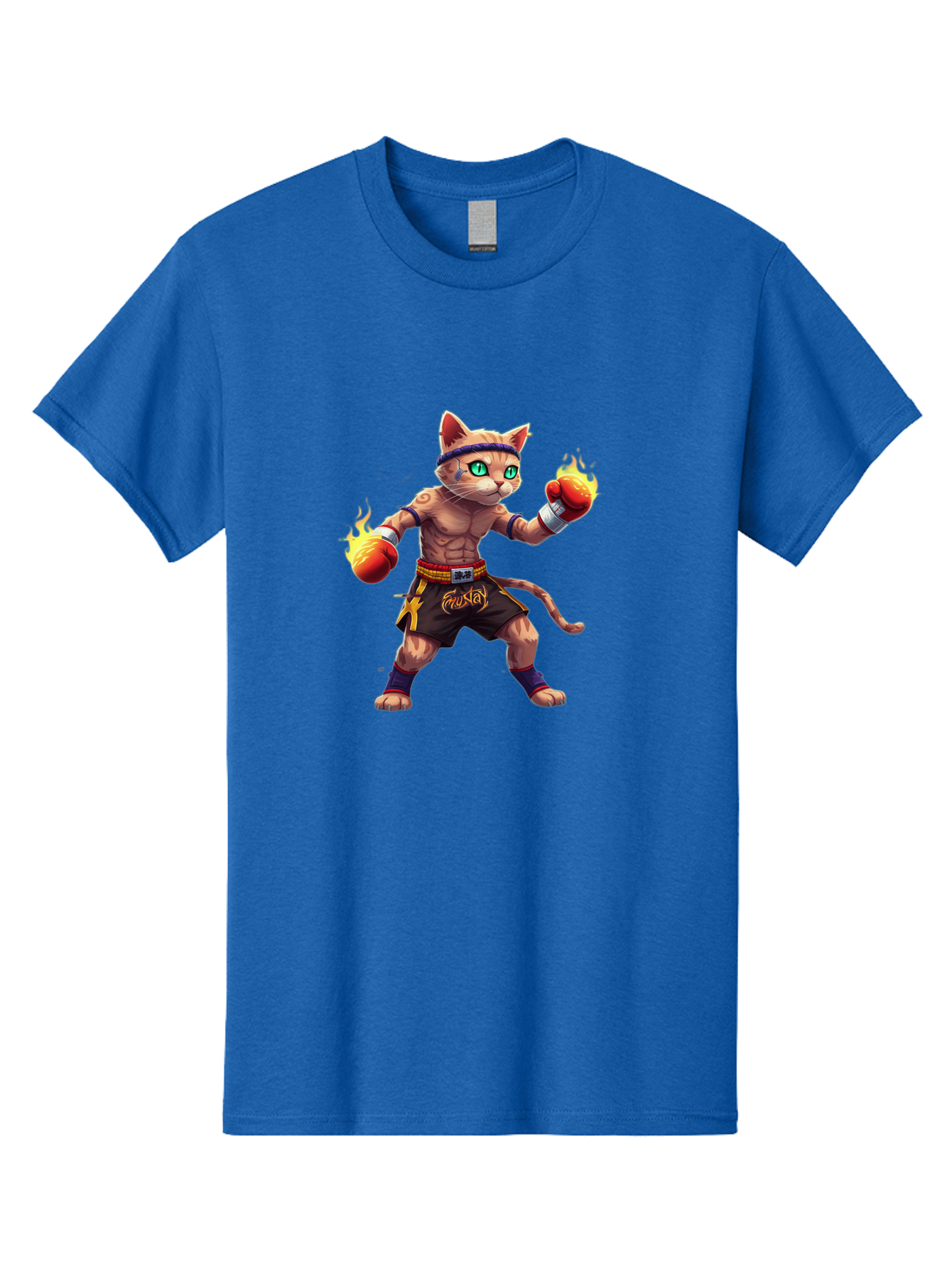 Muay-Cat-2 Men'S Graphic Tee, 100% Cotton, Comfortable Casual Summer Wear, Machine Washable, Boxing Cat, Martial Arts, Muay Thai, Fighting Cat, Cartoon Character, Muscular Cat, Green Eyes, Boxing Gloves With Flames, Sports Illustration, Bae545 8