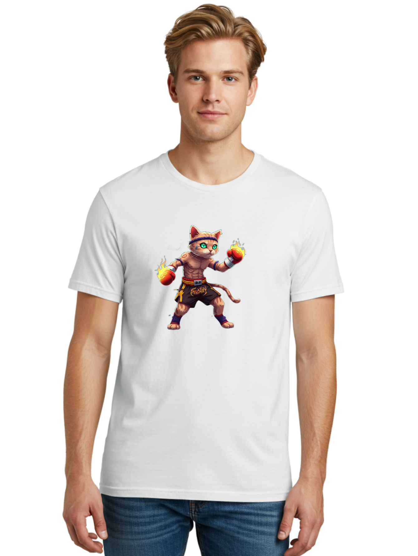 Muay-Cat-2 Men'S Graphic Tee, 100% Cotton, Comfortable Casual Summer Wear, Machine Washable, Boxing Cat, Martial Arts, Muay Thai, Fighting Cat, Cartoon Character, Muscular Cat, Green Eyes, Boxing Gloves With Flames, Sports Illustration, Bae545 18