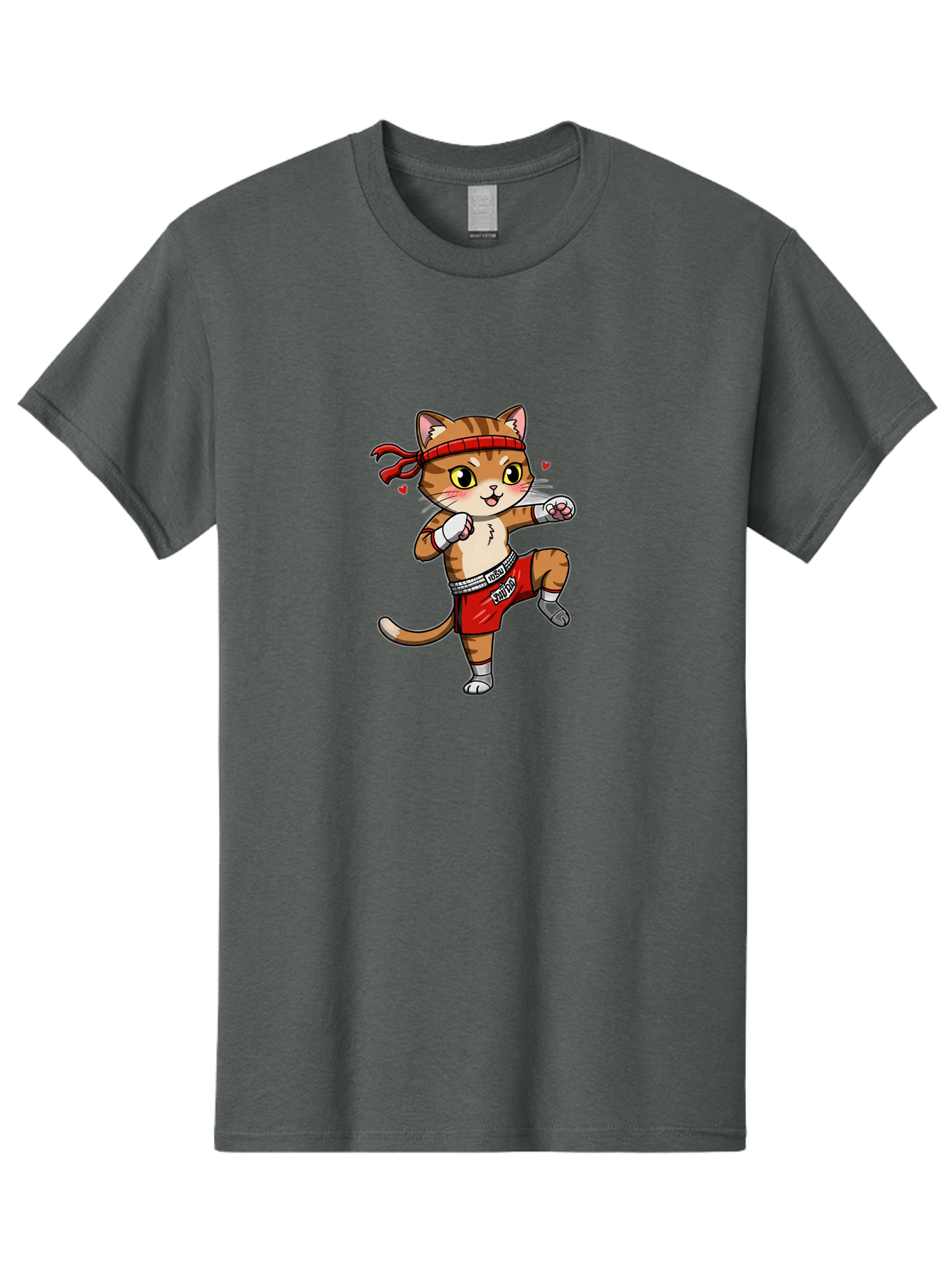 Muay-Cat Men'S Graphic Tee, 100% Cotton, Comfortable Casual Summer Wear, Machine Washable, Cartoon Cat, Muay Thai Fighter, Milo Branding, Red Shorts, White Gloves, Martial Arts, Fighting Stance, Cute Expression, Heart Eyes, Fitness, Strength Bae546 8