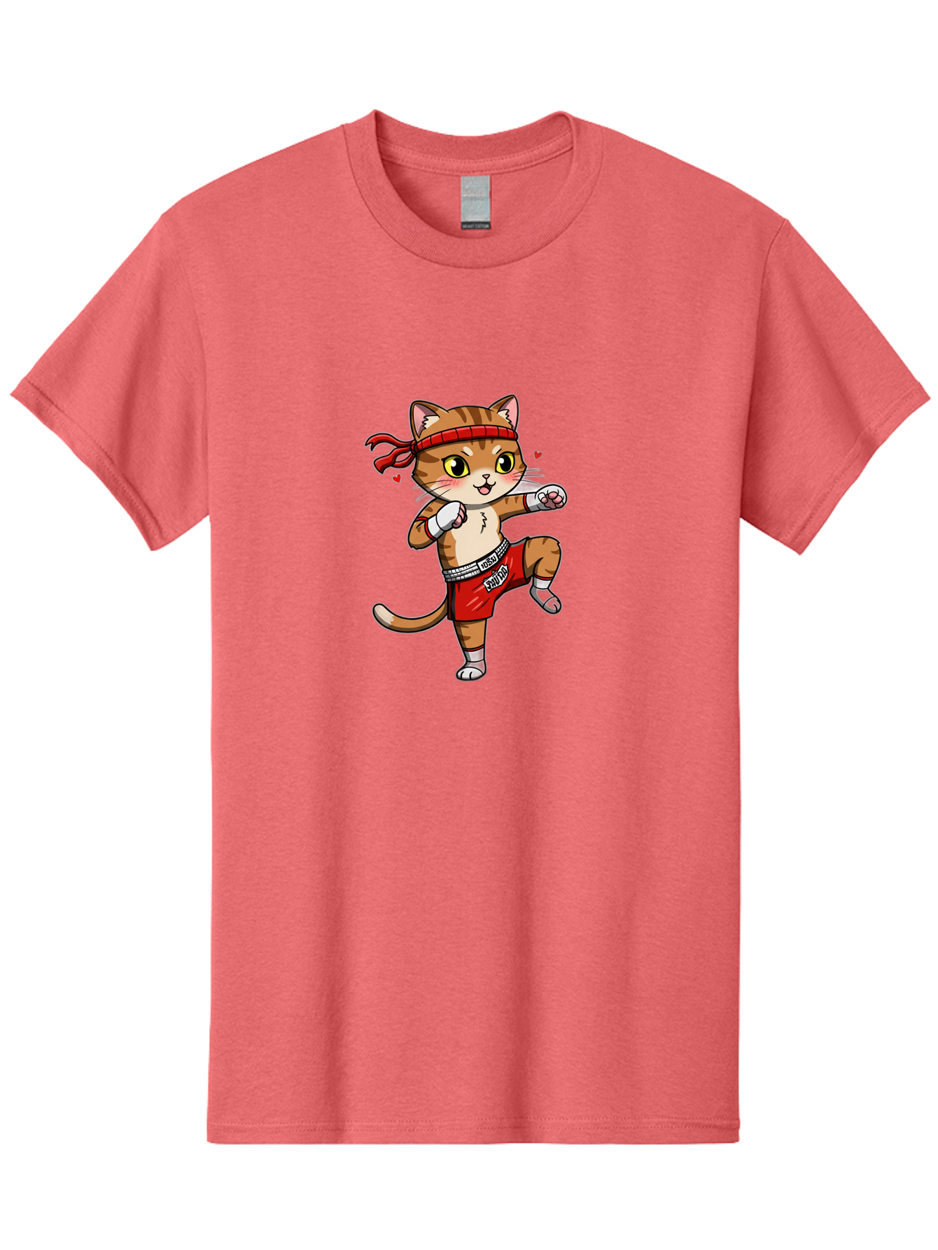 Muay-Cat Men'S Graphic Tee, 100% Cotton, Comfortable Casual Summer Wear, Machine Washable, Cartoon Cat, Muay Thai Fighter, Milo Branding, Red Shorts, White Gloves, Martial Arts, Fighting Stance, Cute Expression, Heart Eyes, Fitness, Strength Bae546 3