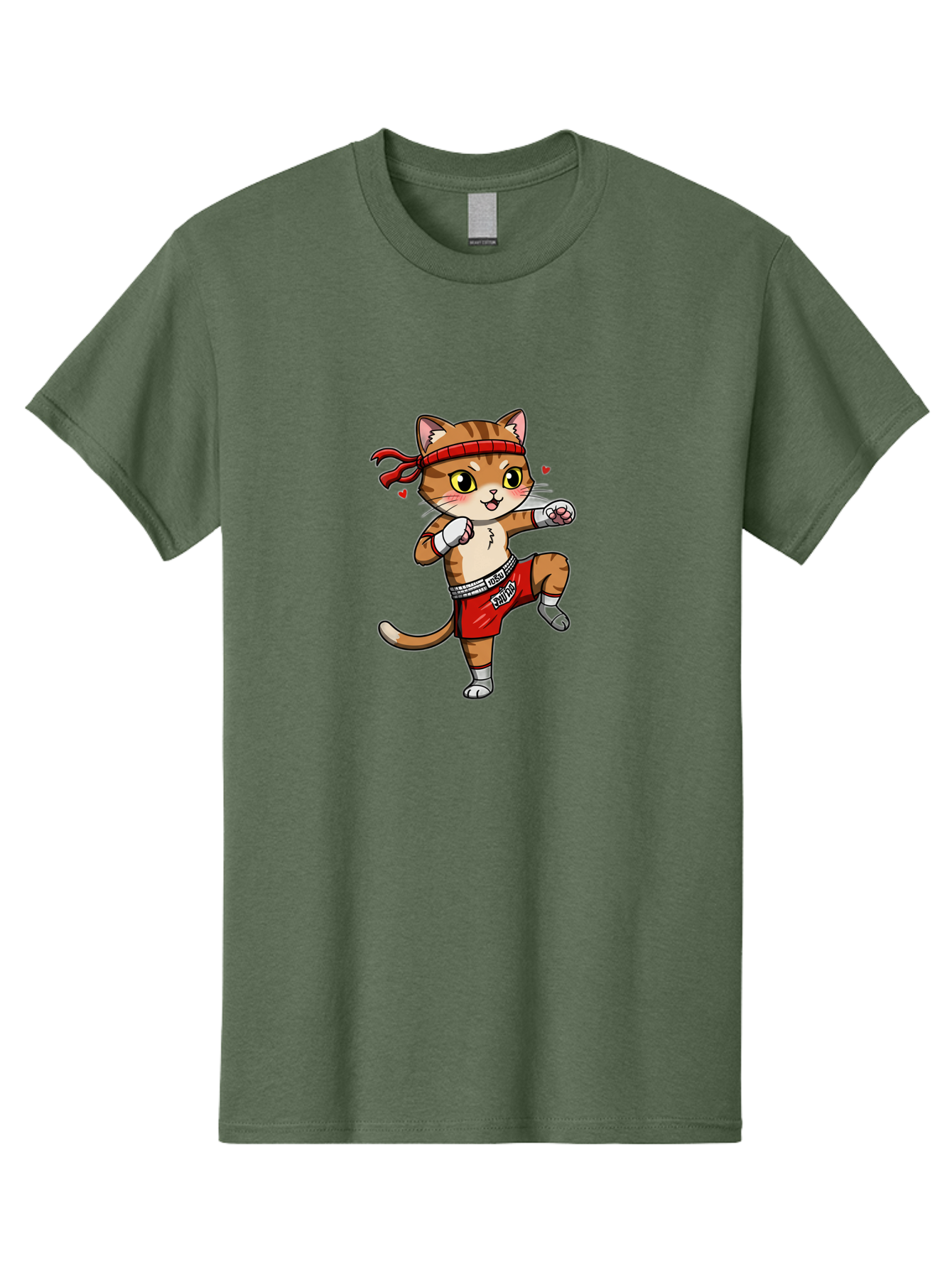 Muay-Cat Men'S Graphic Tee, 100% Cotton, Comfortable Casual Summer Wear, Machine Washable, Cartoon Cat, Muay Thai Fighter, Milo Branding, Red Shorts, White Gloves, Martial Arts, Fighting Stance, Cute Expression, Heart Eyes, Fitness, Strength Bae546 11