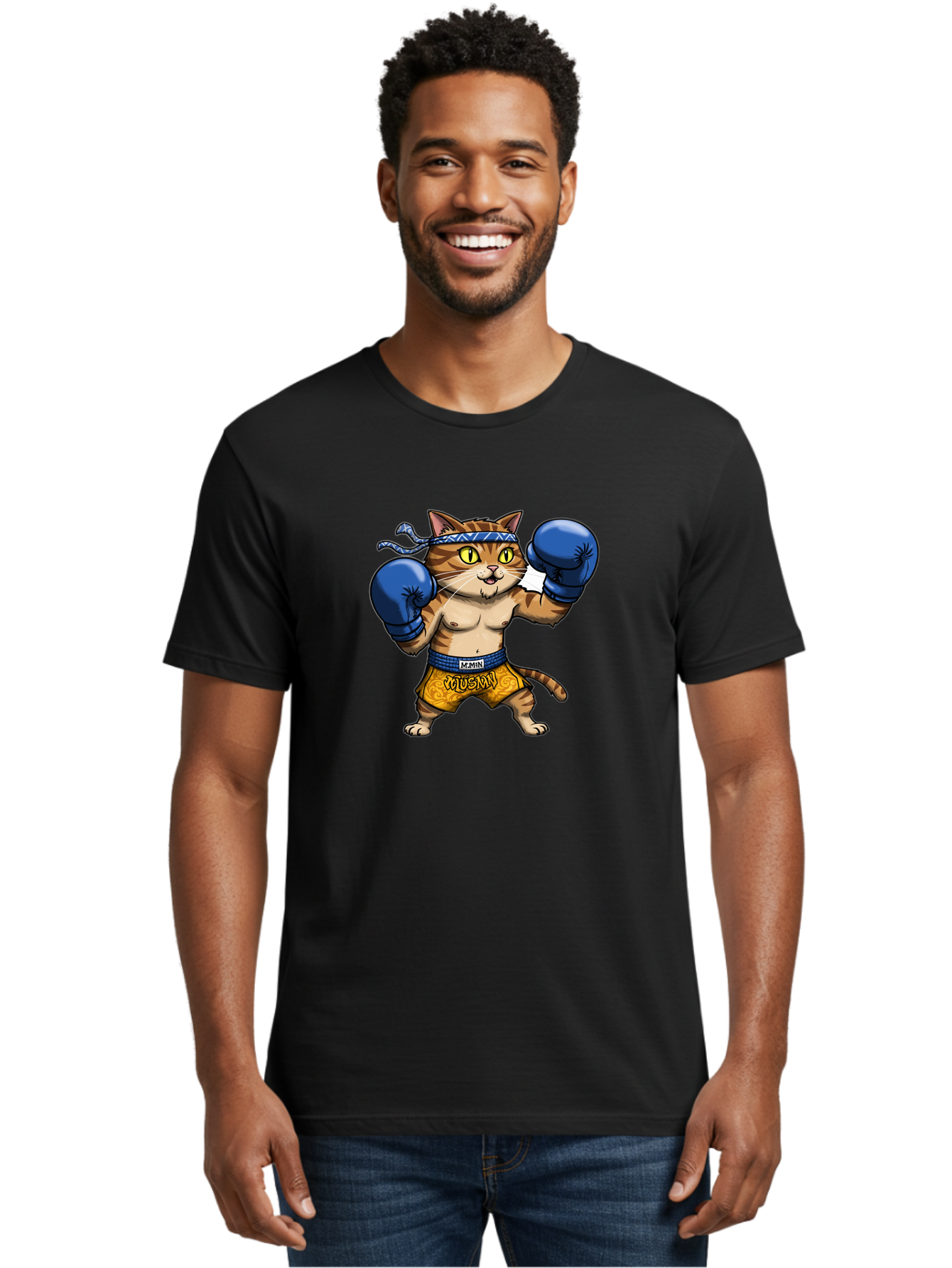 Muay-Muay-Cat Men'S Graphic Tee, 100% Cotton, Comfortable Casual Summer Wear, Machine Washable, Cartoon Cat In Boxing Gloves, Muay Thai Fighter, Muay Mun, Feline Boxer, Cat With Boxing Shorts, Funny Cat Character, Muay Thai Cat, Comic Cat, Bae547 18