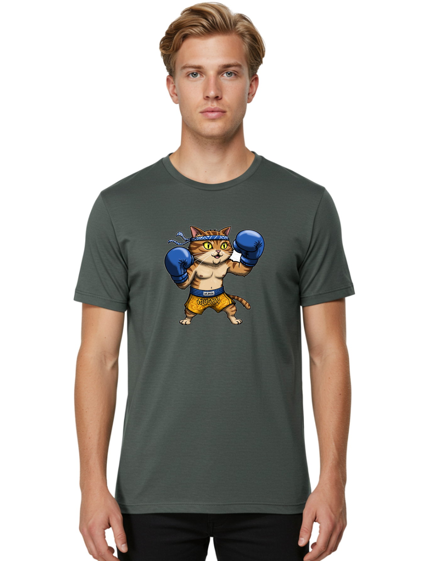 Muay-Muay-Cat Men'S Graphic Tee, 100% Cotton, Comfortable Casual Summer Wear, Machine Washable, Cartoon Cat In Boxing Gloves, Muay Thai Fighter, Muay Mun, Feline Boxer, Cat With Boxing Shorts, Funny Cat Character, Muay Thai Cat, Comic Cat, Bae547 26
