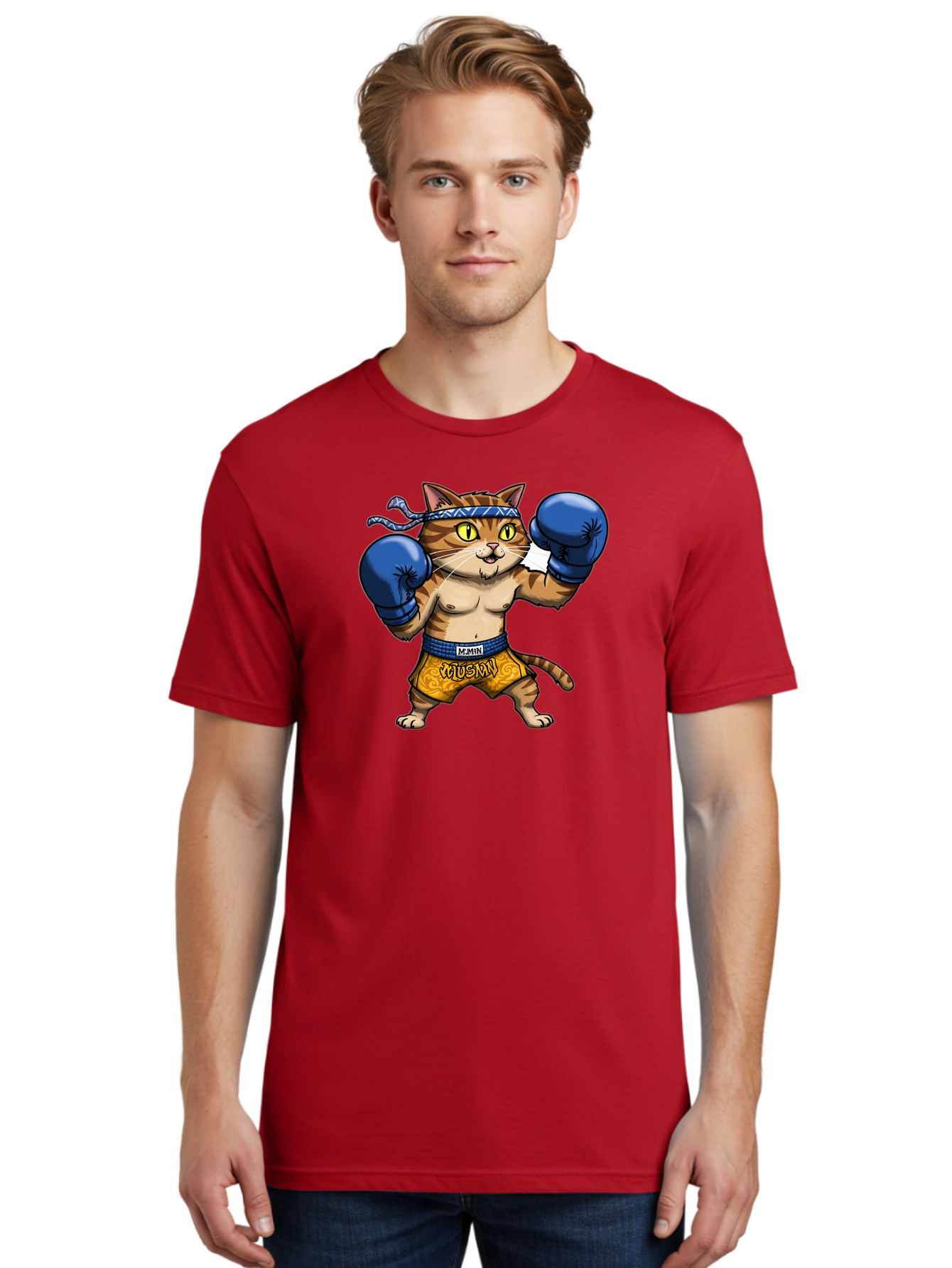 Muay-Muay-Cat Men'S Graphic Tee, 100% Cotton, Comfortable Casual Summer Wear, Machine Washable, Cartoon Cat In Boxing Gloves, Muay Thai Fighter, Muay Mun, Feline Boxer, Cat With Boxing Shorts, Funny Cat Character, Muay Thai Cat, Comic Cat, Bae547 30