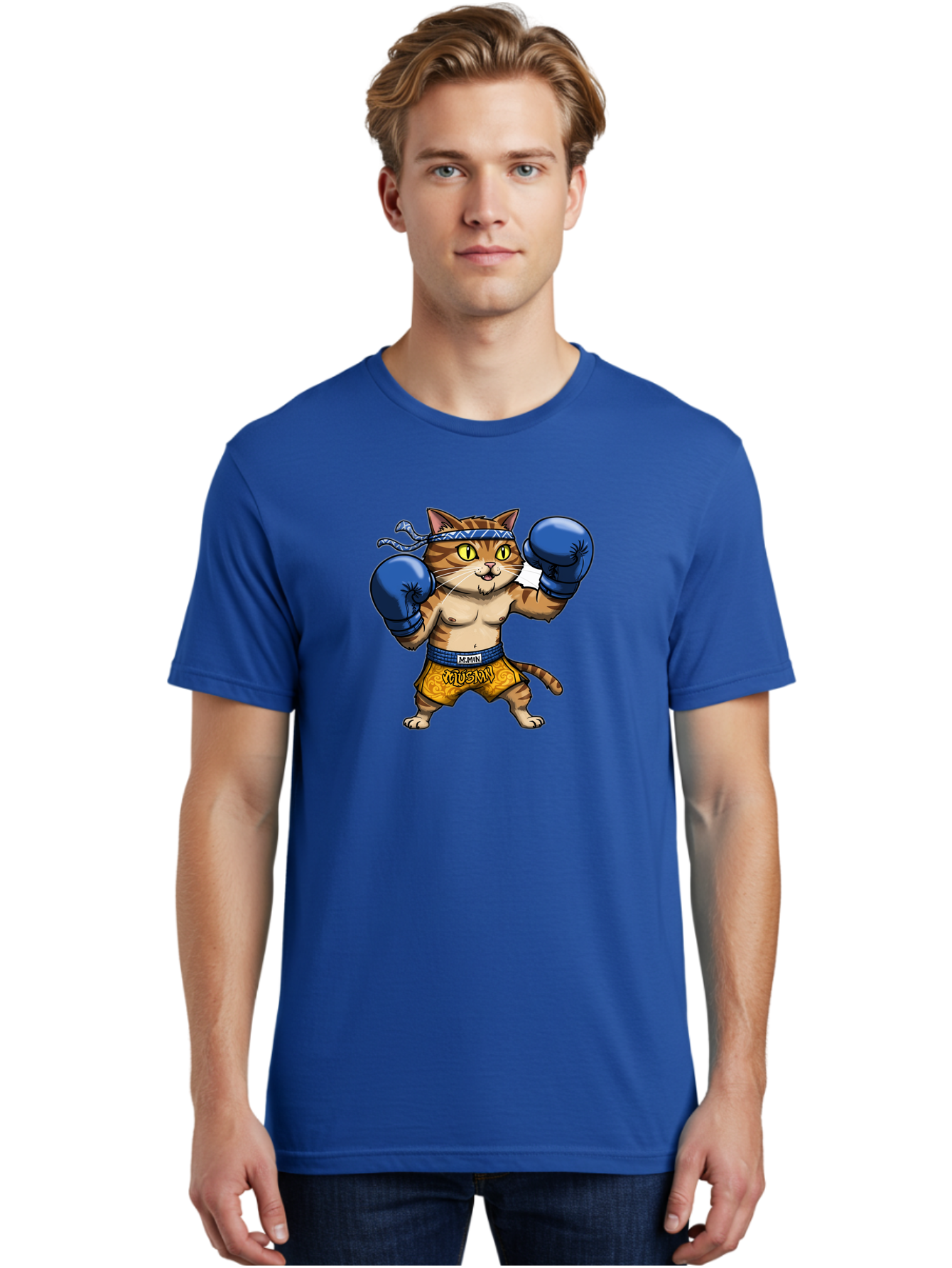 Muay-Muay-Cat Men'S Graphic Tee, 100% Cotton, Comfortable Casual Summer Wear, Machine Washable, Cartoon Cat In Boxing Gloves, Muay Thai Fighter, Muay Mun, Feline Boxer, Cat With Boxing Shorts, Funny Cat Character, Muay Thai Cat, Comic Cat, Bae547 28