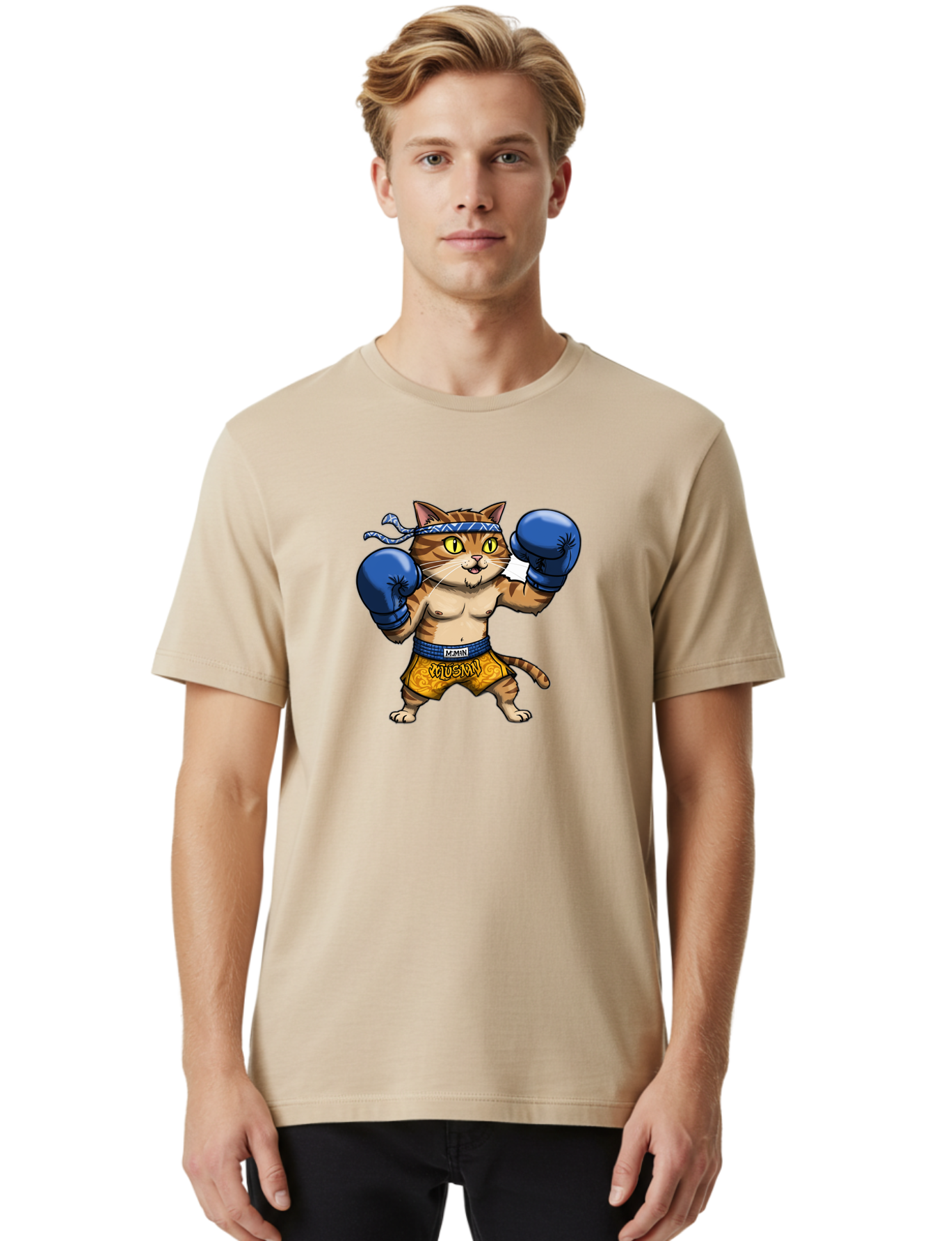 Muay-Muay-Cat Men'S Graphic Tee, 100% Cotton, Comfortable Casual Summer Wear, Machine Washable, Cartoon Cat In Boxing Gloves, Muay Thai Fighter, Muay Mun, Feline Boxer, Cat With Boxing Shorts, Funny Cat Character, Muay Thai Cat, Comic Cat, Bae547 20