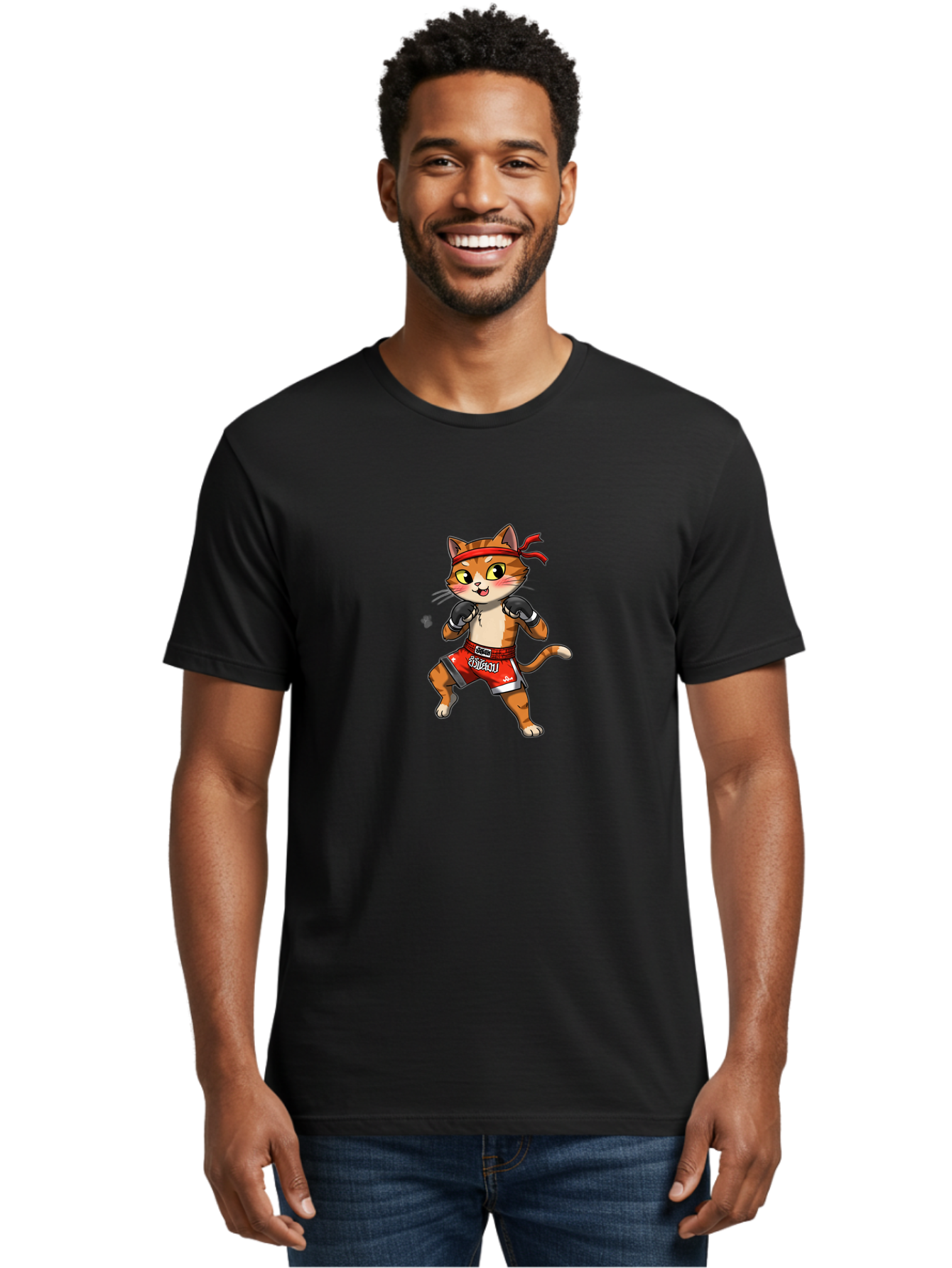 Muay-Thai-Cat-1 Men'S Graphic Tee, 100% Cotton, Comfortable Casual Summer Wear, Machine Washable, Cartoon Cat, Muay Thai Fighter, Boxing Gloves, Red Shorts, Muaythai, Martial Arts, Fighting Stance, Cute Cat, Funny Animal, Cartoon Character Bae548 23