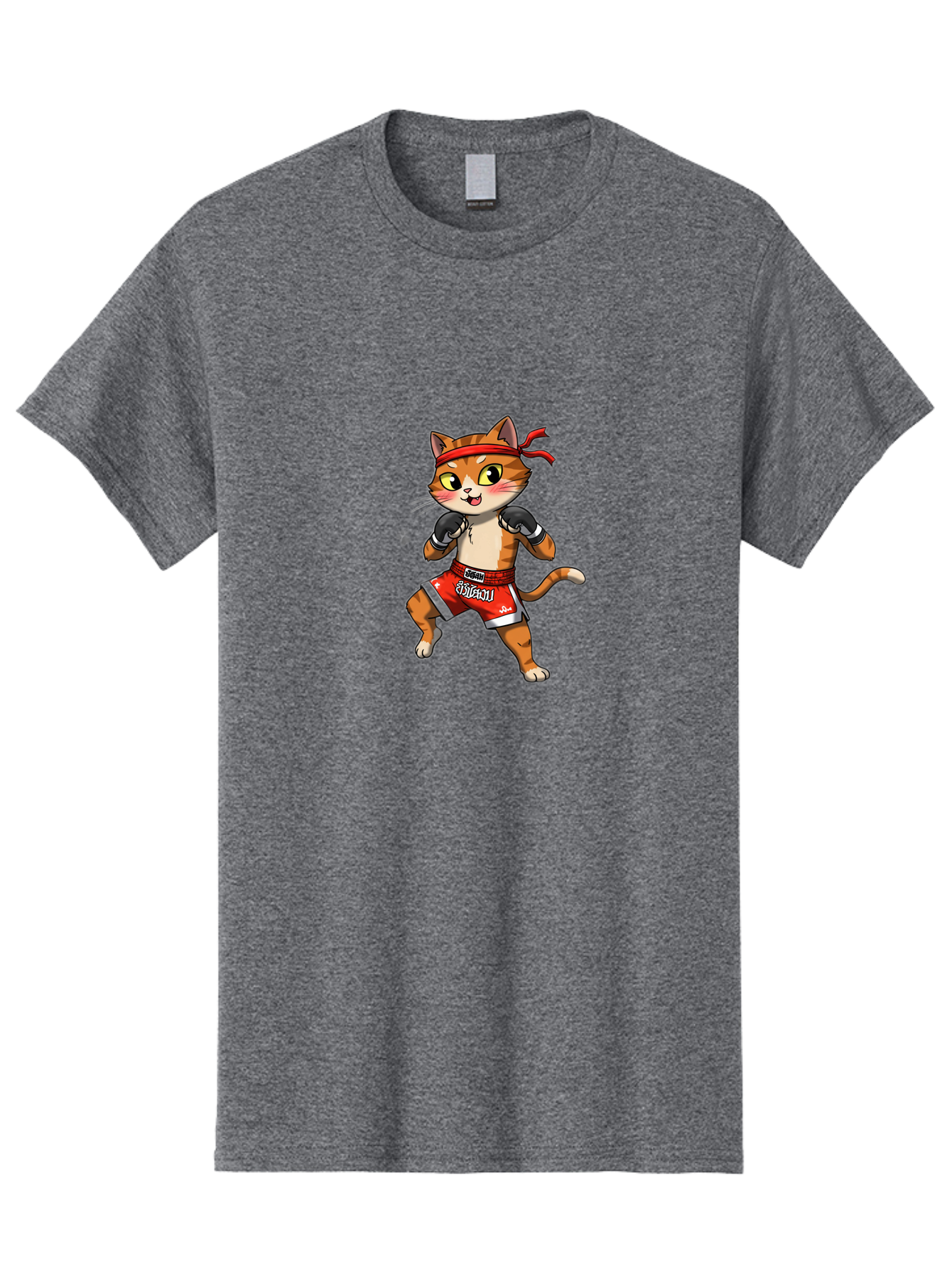Muay-Thai-Cat-1 Men'S Graphic Tee, 100% Cotton, Comfortable Casual Summer Wear, Machine Washable, Cartoon Cat, Muay Thai Fighter, Boxing Gloves, Red Shorts, Muaythai, Martial Arts, Fighting Stance, Cute Cat, Funny Animal, Cartoon Character Bae548 9