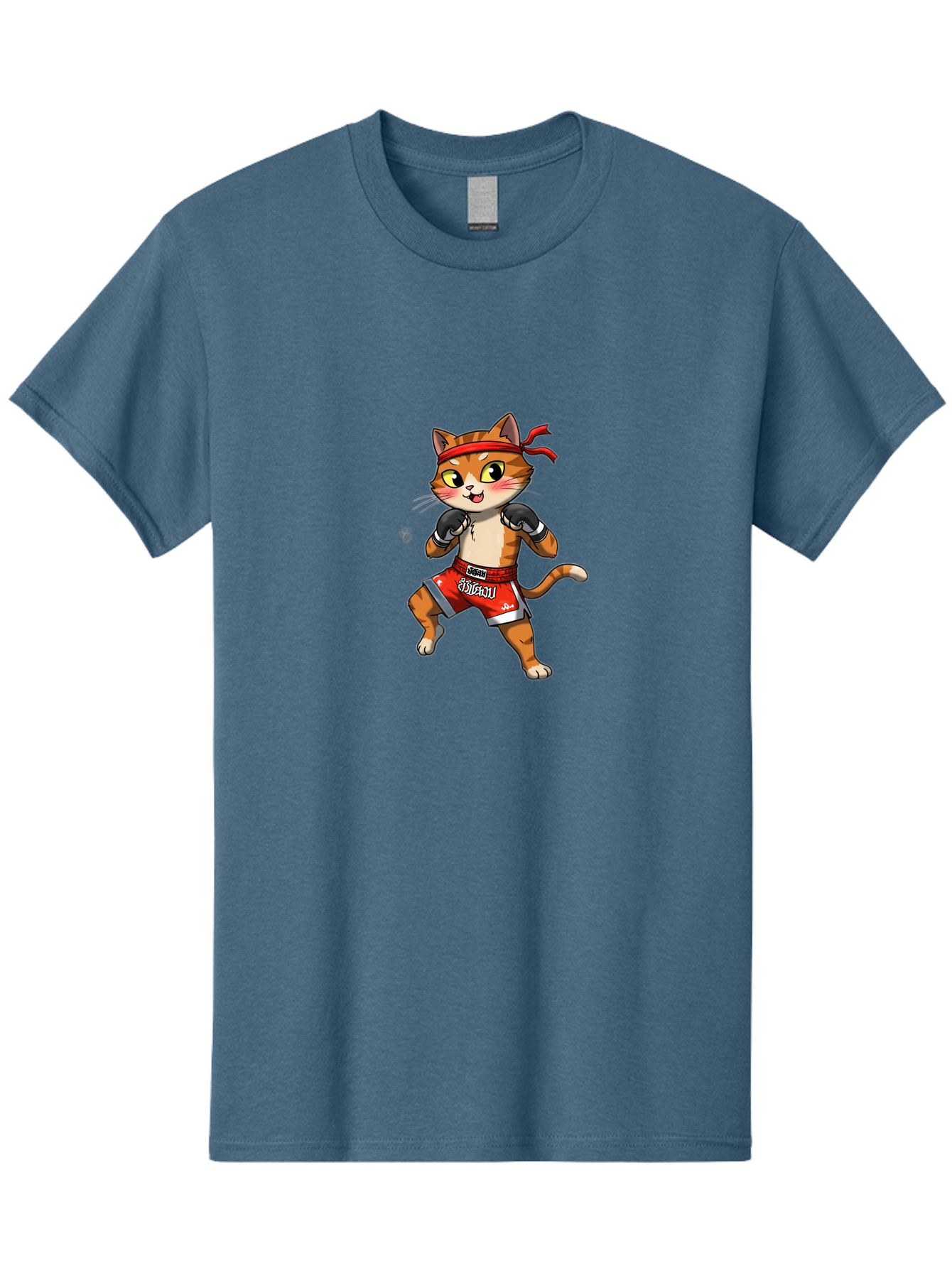 Muay-Thai-Cat-1 Men'S Graphic Tee, 100% Cotton, Comfortable Casual Summer Wear, Machine Washable, Cartoon Cat, Muay Thai Fighter, Boxing Gloves, Red Shorts, Muaythai, Martial Arts, Fighting Stance, Cute Cat, Funny Animal, Cartoon Character Bae548 4