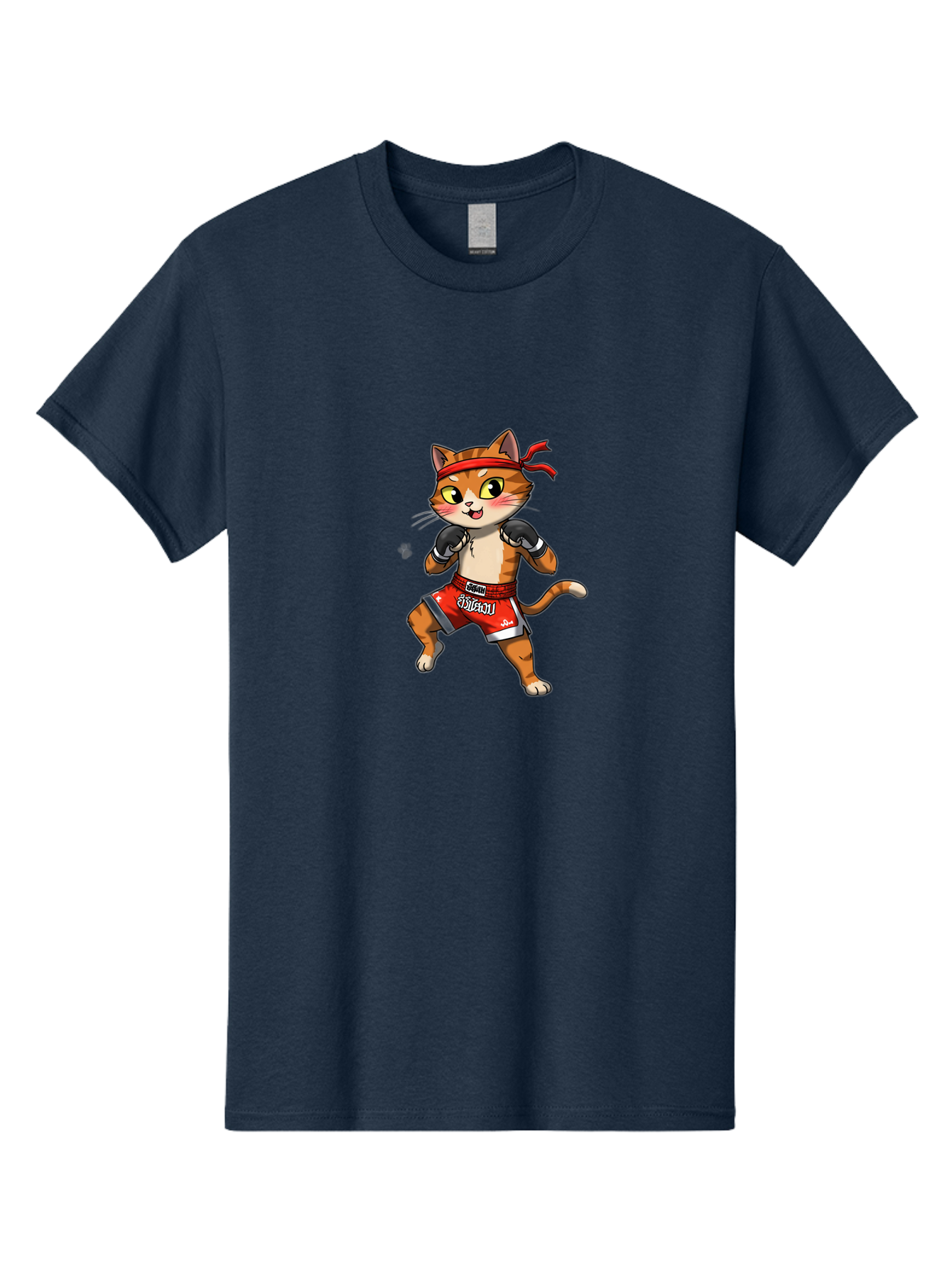 Muay-Thai-Cat-1 Men'S Graphic Tee, 100% Cotton, Comfortable Casual Summer Wear, Machine Washable, Cartoon Cat, Muay Thai Fighter, Boxing Gloves, Red Shorts, Muaythai, Martial Arts, Fighting Stance, Cute Cat, Funny Animal, Cartoon Character Bae548 12