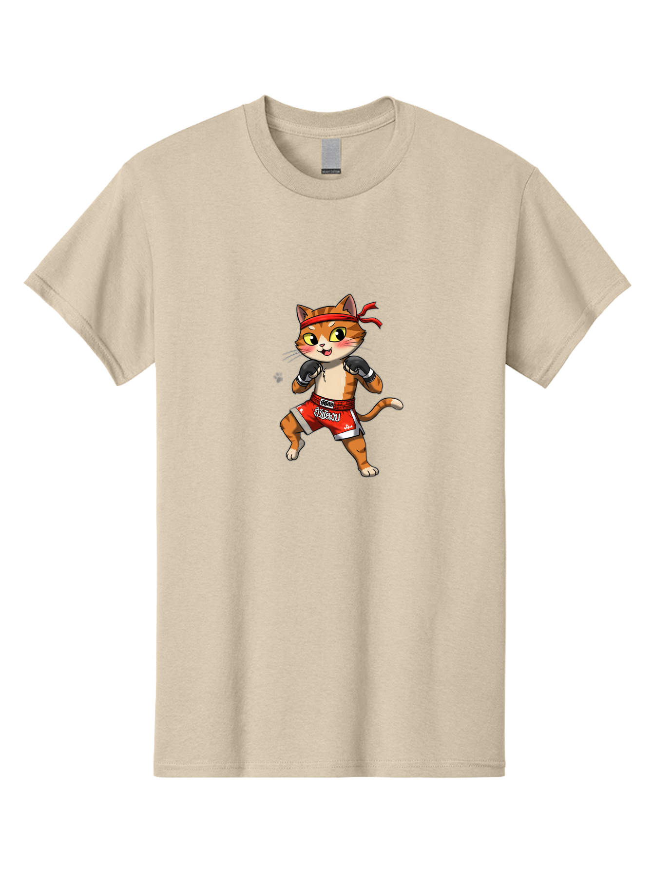 Muay-Thai-Cat-1 Men'S Graphic Tee, 100% Cotton, Comfortable Casual Summer Wear, Machine Washable, Cartoon Cat, Muay Thai Fighter, Boxing Gloves, Red Shorts, Muaythai, Martial Arts, Fighting Stance, Cute Cat, Funny Animal, Cartoon Character Bae548 11