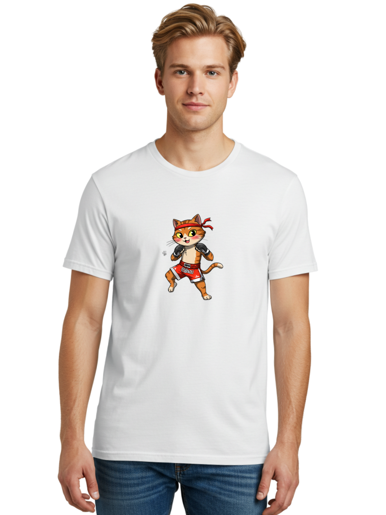 Muay-Thai-Cat-1 Men'S Graphic Tee, 100% Cotton, Comfortable Casual Summer Wear, Machine Washable, Cartoon Cat, Muay Thai Fighter, Boxing Gloves, Red Shorts, Muaythai, Martial Arts, Fighting Stance, Cute Cat, Funny Animal, Cartoon Character Bae548 30