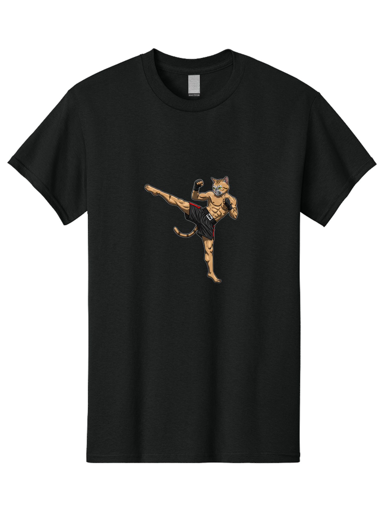 Muay-Thai-Cat-10 Men'S Graphic Tee, 100% Cotton, Comfortable Casual Summer Wear, Machine Washable, Cartoon Cat, Muay Thai Fighter, Martial Arts, Kickboxing, Fighting Stance, Muscular Physique, Boxing Gloves, Red Trim Shorts, Cartoon Character, Bae549 5