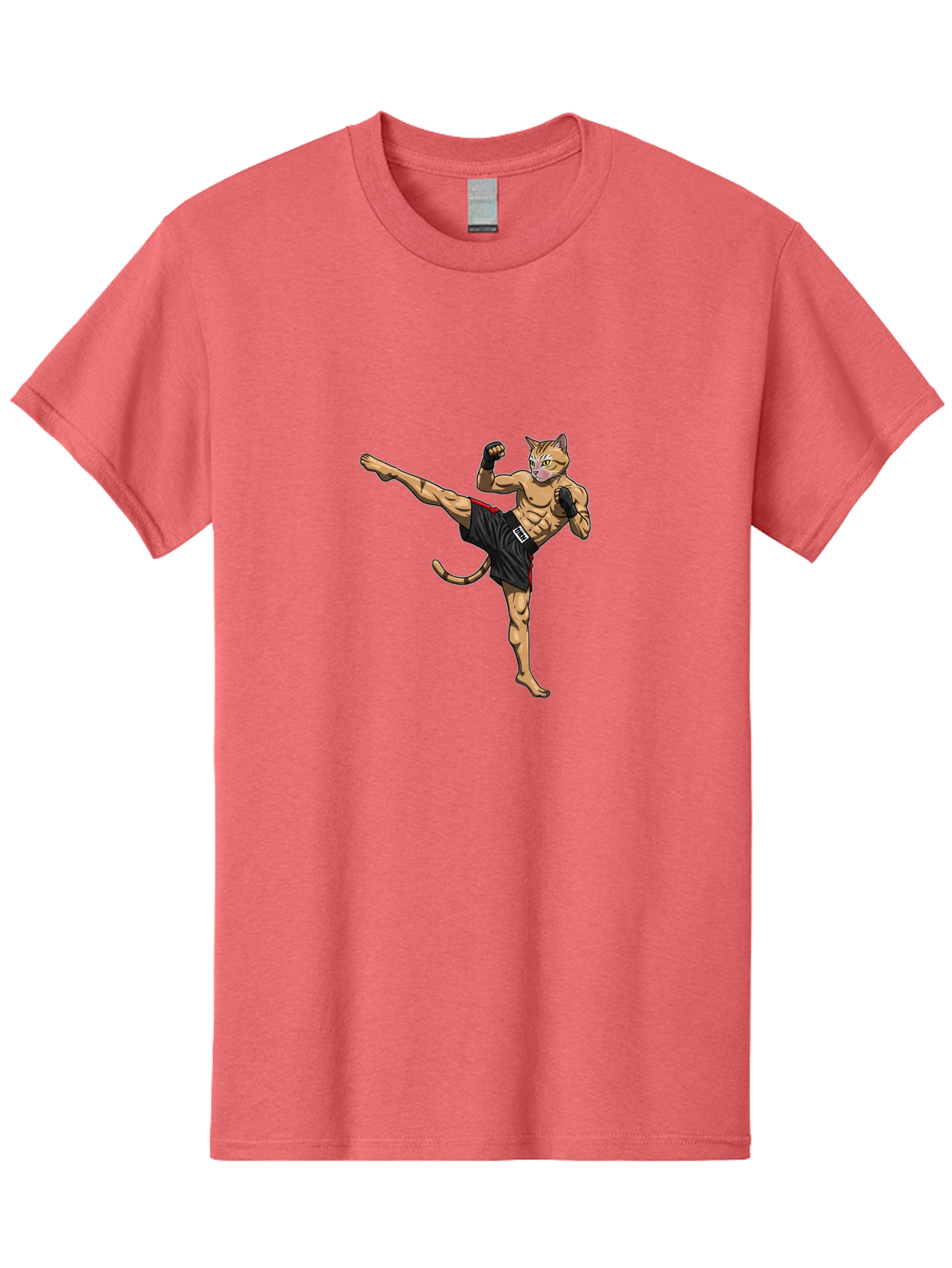 Muay-Thai-Cat-10 Men'S Graphic Tee, 100% Cotton, Comfortable Casual Summer Wear, Machine Washable, Cartoon Cat, Muay Thai Fighter, Martial Arts, Kickboxing, Fighting Stance, Muscular Physique, Boxing Gloves, Red Trim Shorts, Cartoon Character, Bae549 15