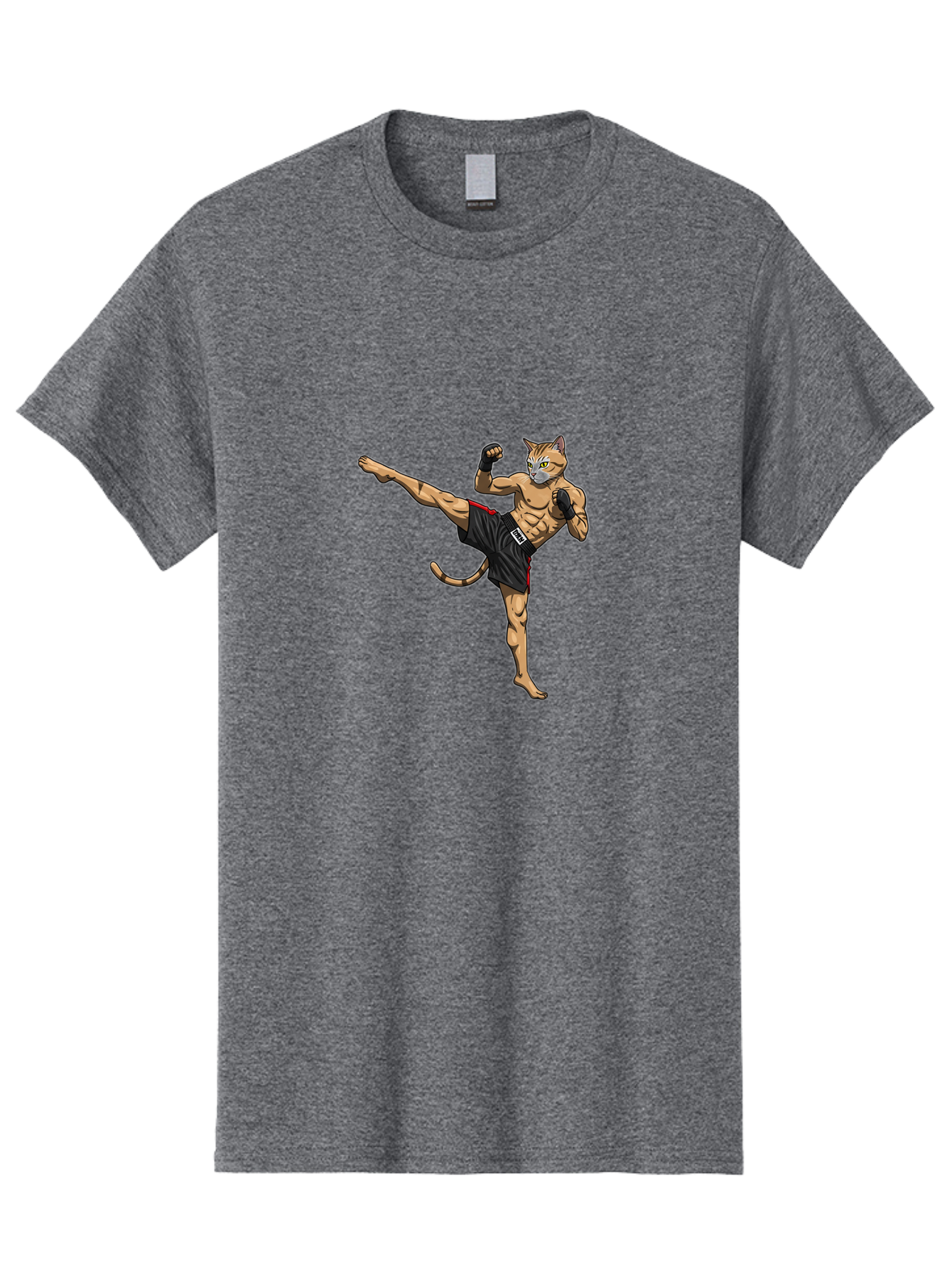 Muay-Thai-Cat-10 Men'S Graphic Tee, 100% Cotton, Comfortable Casual Summer Wear, Machine Washable, Cartoon Cat, Muay Thai Fighter, Martial Arts, Kickboxing, Fighting Stance, Muscular Physique, Boxing Gloves, Red Trim Shorts, Cartoon Character, Bae549 8