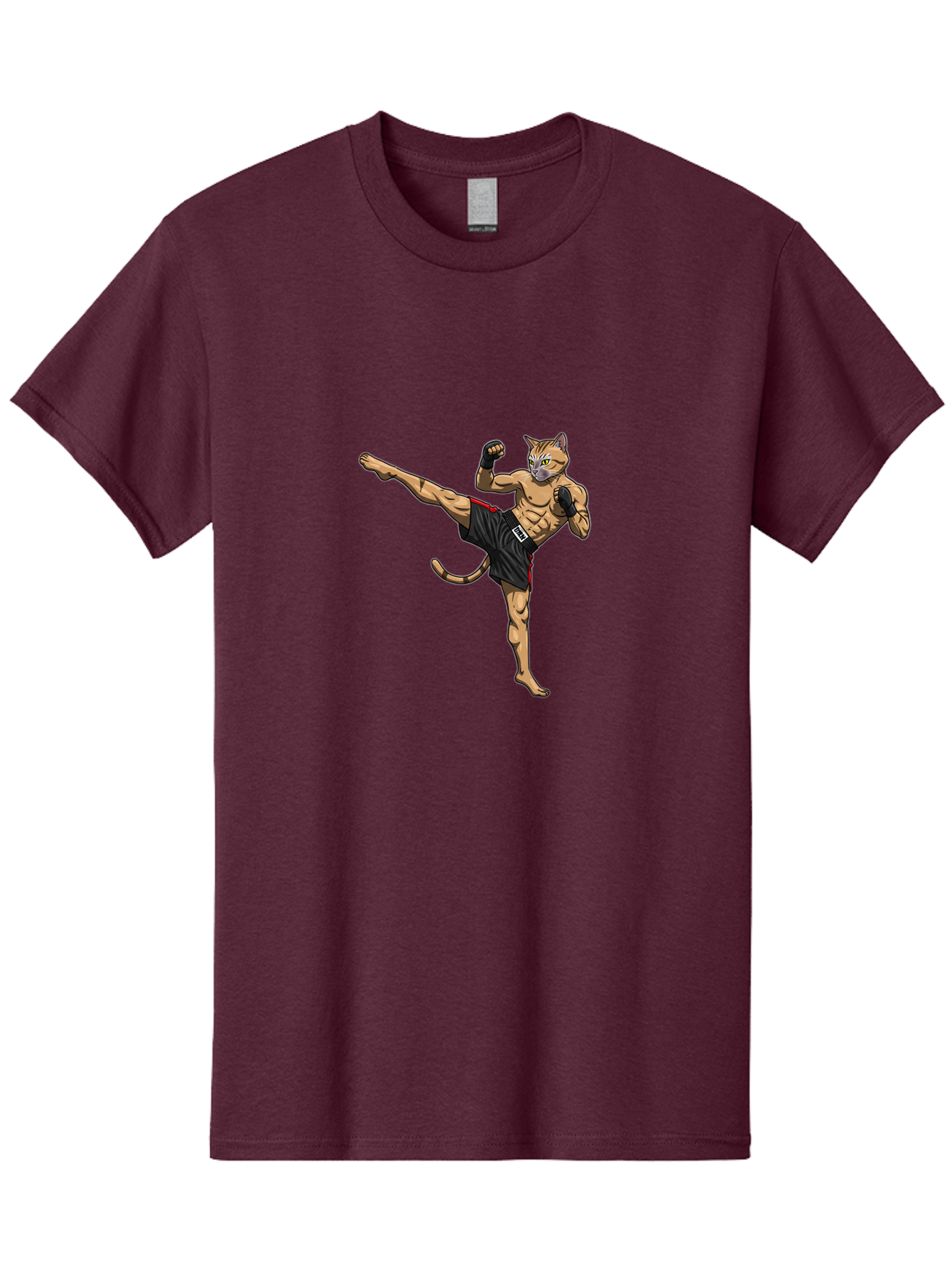 Muay-Thai-Cat-10 Men'S Graphic Tee, 100% Cotton, Comfortable Casual Summer Wear, Machine Washable, Cartoon Cat, Muay Thai Fighter, Martial Arts, Kickboxing, Fighting Stance, Muscular Physique, Boxing Gloves, Red Trim Shorts, Cartoon Character, Bae549 4