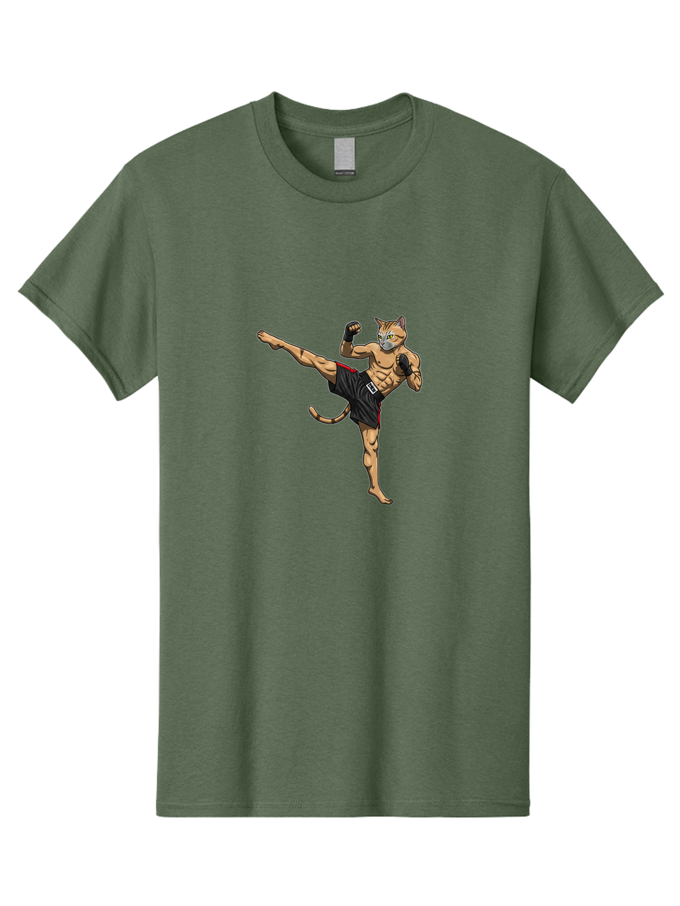 Muay-Thai-Cat-10 Men'S Graphic Tee, 100% Cotton, Comfortable Casual Summer Wear, Machine Washable, Cartoon Cat, Muay Thai Fighter, Martial Arts, Kickboxing, Fighting Stance, Muscular Physique, Boxing Gloves, Red Trim Shorts, Cartoon Character, Bae549 1