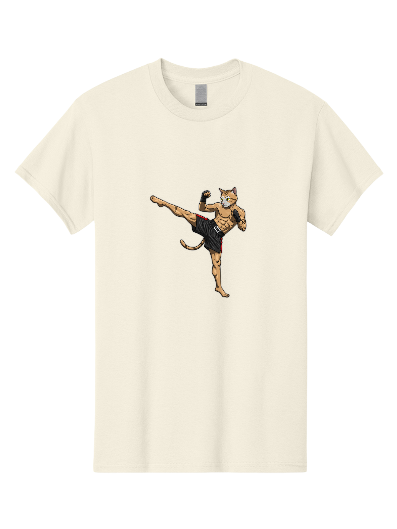 Muay-Thai-Cat-10 Men'S Graphic Tee, 100% Cotton, Comfortable Casual Summer Wear, Machine Washable, Cartoon Cat, Muay Thai Fighter, Martial Arts, Kickboxing, Fighting Stance, Muscular Physique, Boxing Gloves, Red Trim Shorts, Cartoon Character, Bae549 14