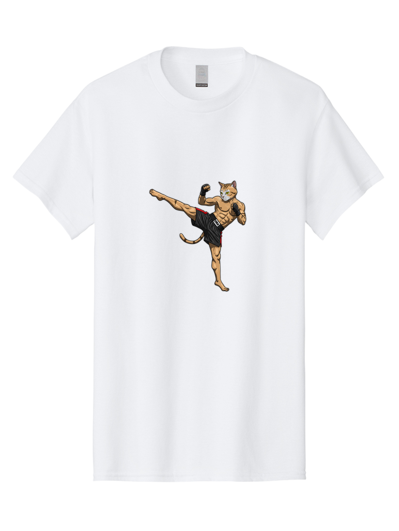 Muay-Thai-Cat-10 Men'S Graphic Tee, 100% Cotton, Comfortable Casual Summer Wear, Machine Washable, Cartoon Cat, Muay Thai Fighter, Martial Arts, Kickboxing, Fighting Stance, Muscular Physique, Boxing Gloves, Red Trim Shorts, Cartoon Character, Bae549 2