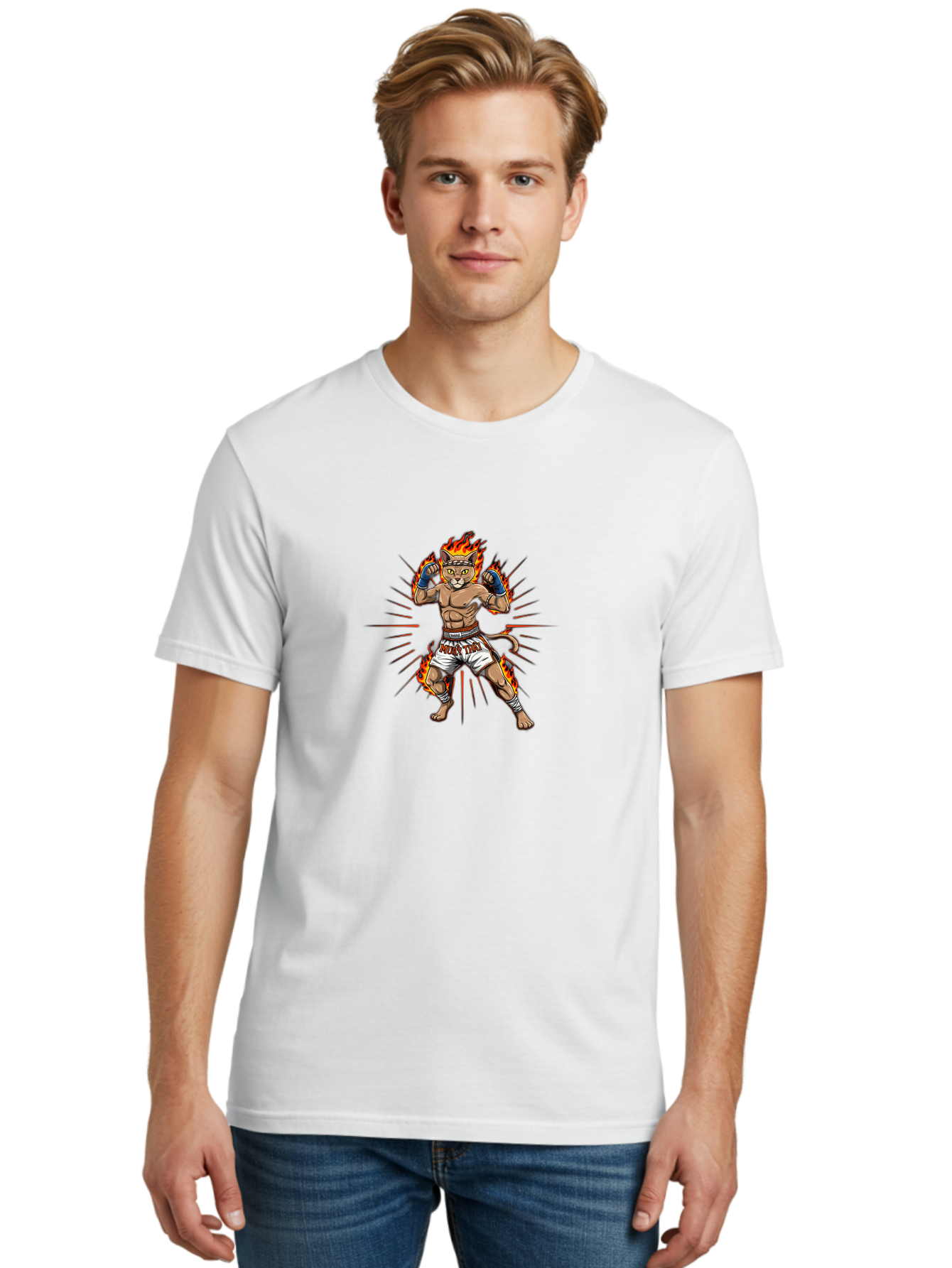 Muay-Thai-Cat-11 Men'S Graphic Tee, 100% Cotton, Comfortable Casual Summer Wear, Machine Washable, Cartoon Cat, Muay Thai Fighter, Boxing Gloves, Fighting Stance, Flames, Action Lines, Cartoon Character, Muscular Physique, Sports Illustration, Bae550 25