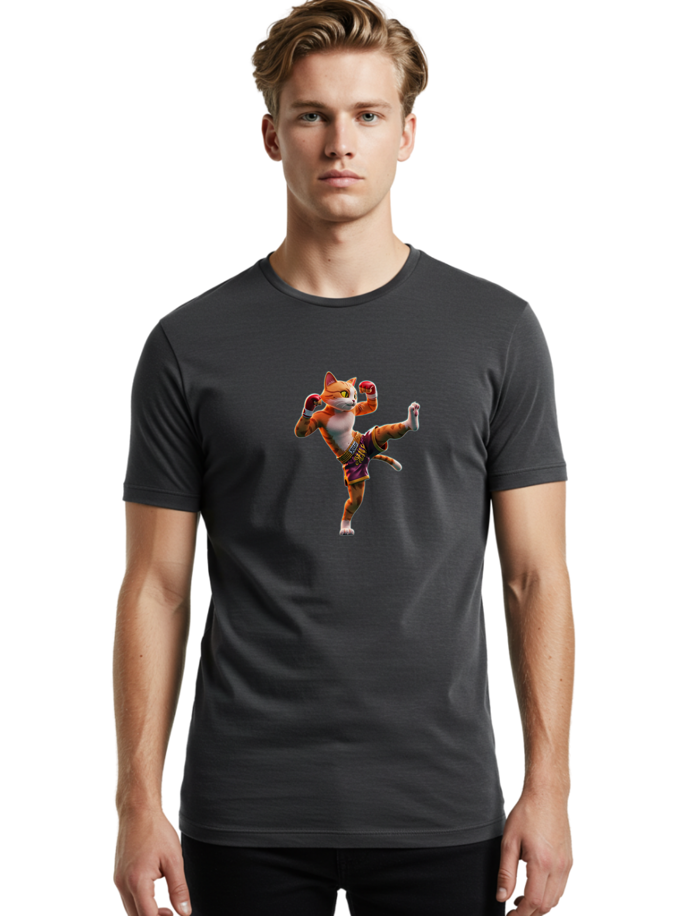 Muay-Thai-Cat-4 Men'S Graphic Tee, 100% Cotton, Comfortable Casual Summer Wear, Machine Washable, Cartoon Cat, Muay Thai Fighter, Martial Arts, Boxing Gloves, Fighting Stance, Dynamic Pose, Orange Tabby Cat, Whimsical Character, Combat Sports, Bae553 17