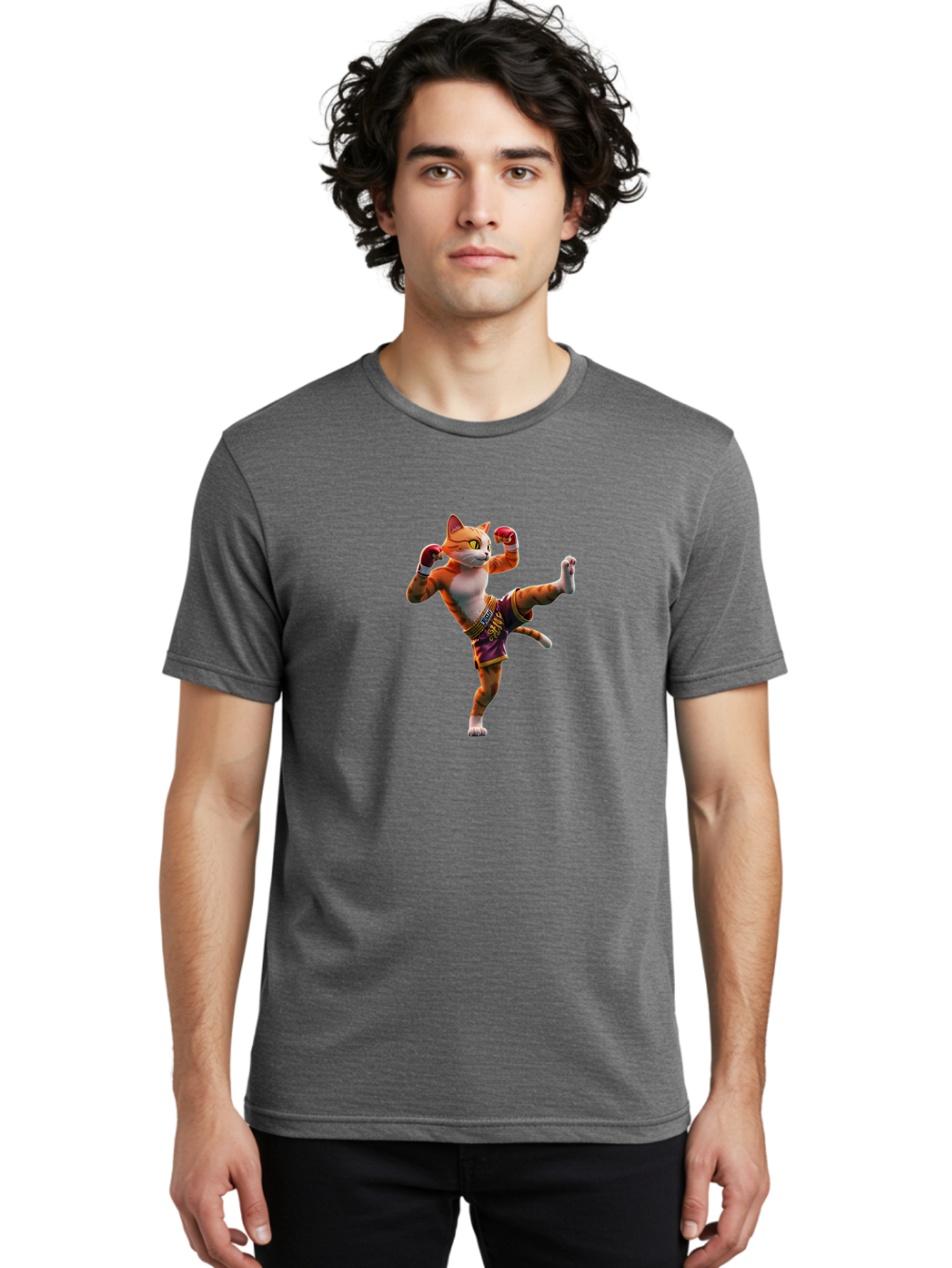 Muay-Thai-Cat-4 Men'S Graphic Tee, 100% Cotton, Comfortable Casual Summer Wear, Machine Washable, Cartoon Cat, Muay Thai Fighter, Martial Arts, Boxing Gloves, Fighting Stance, Dynamic Pose, Orange Tabby Cat, Whimsical Character, Combat Sports, Bae553 30