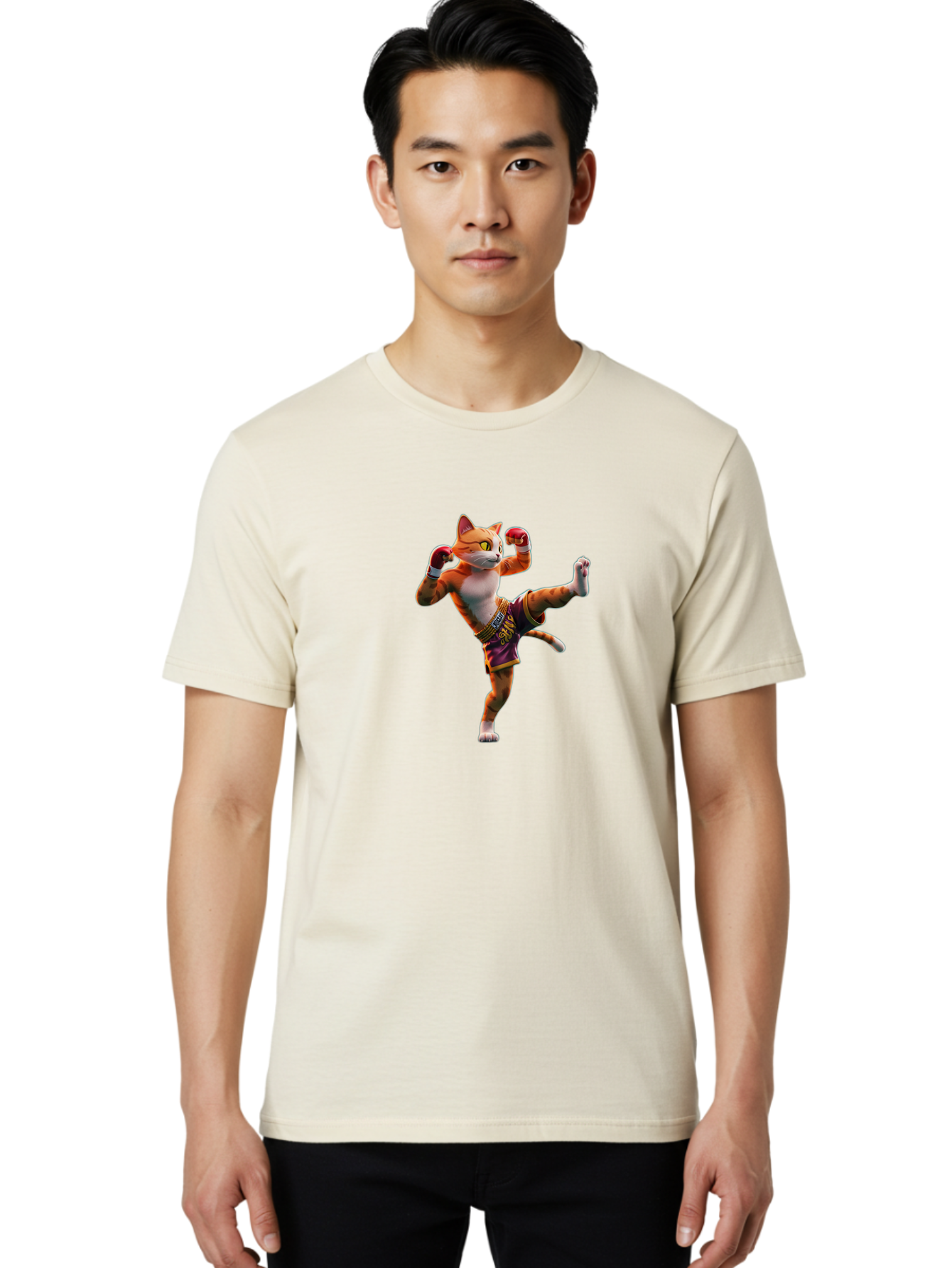 Muay-Thai-Cat-4 Men'S Graphic Tee, 100% Cotton, Comfortable Casual Summer Wear, Machine Washable, Cartoon Cat, Muay Thai Fighter, Martial Arts, Boxing Gloves, Fighting Stance, Dynamic Pose, Orange Tabby Cat, Whimsical Character, Combat Sports, Bae553 18