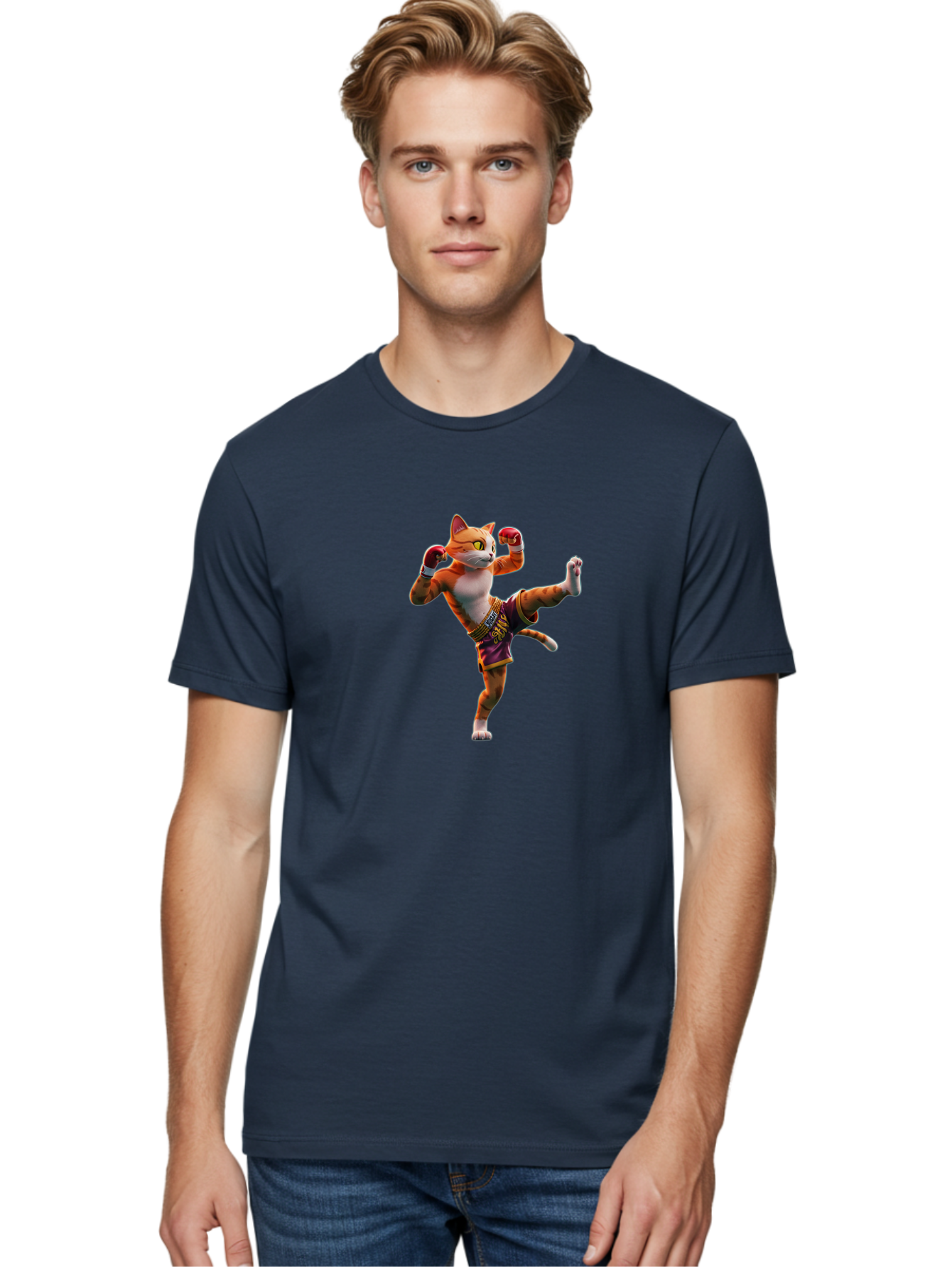 Muay-Thai-Cat-4 Men'S Graphic Tee, 100% Cotton, Comfortable Casual Summer Wear, Machine Washable, Cartoon Cat, Muay Thai Fighter, Martial Arts, Boxing Gloves, Fighting Stance, Dynamic Pose, Orange Tabby Cat, Whimsical Character, Combat Sports, Bae553 16