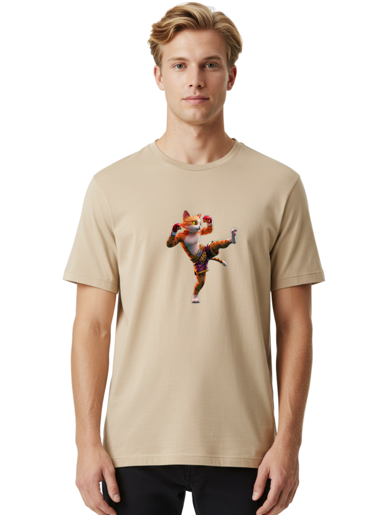 Muay-Thai-Cat-4 Men'S Graphic Tee, 100% Cotton, Comfortable Casual Summer Wear, Machine Washable, Cartoon Cat, Muay Thai Fighter, Martial Arts, Boxing Gloves, Fighting Stance, Dynamic Pose, Orange Tabby Cat, Whimsical Character, Combat Sports, Bae553 29