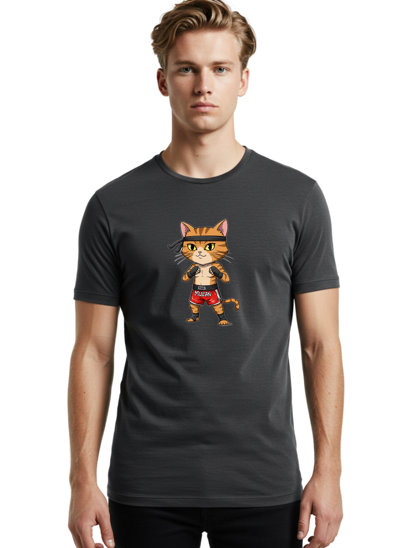 Muay-Thai-Cat-6 Men'S Graphic Tee, 100% Cotton, Comfortable Casual Summer Wear, Machine Washable, Cartoon Cat, Muay Thai Fighter, Red Shorts, Black Headband, Boxing Gloves, Combat Sports, Martial Arts, Cute Animal, Fighting Stance, Bae555 20