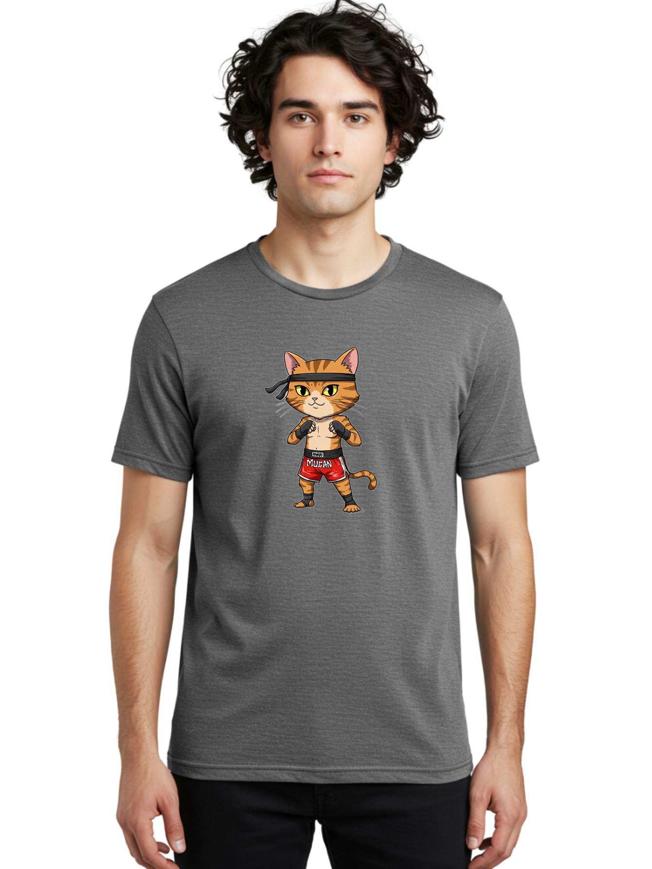 Muay-Thai-Cat-6 Men'S Graphic Tee, 100% Cotton, Comfortable Casual Summer Wear, Machine Washable, Cartoon Cat, Muay Thai Fighter, Red Shorts, Black Headband, Boxing Gloves, Combat Sports, Martial Arts, Cute Animal, Fighting Stance, Bae555 16