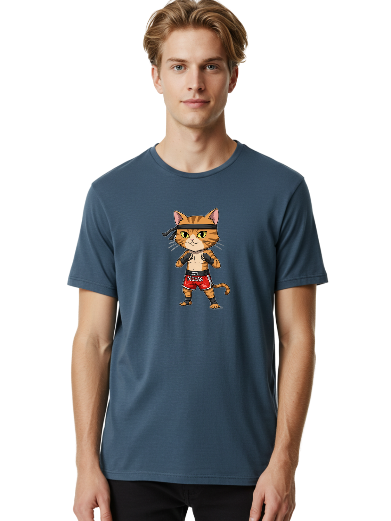 Muay-Thai-Cat-6 Men'S Graphic Tee, 100% Cotton, Comfortable Casual Summer Wear, Machine Washable, Cartoon Cat, Muay Thai Fighter, Red Shorts, Black Headband, Boxing Gloves, Combat Sports, Martial Arts, Cute Animal, Fighting Stance, Bae555 25