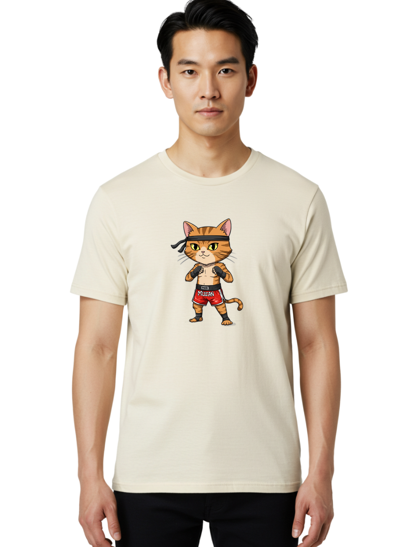 Muay-Thai-Cat-6 Men'S Graphic Tee, 100% Cotton, Comfortable Casual Summer Wear, Machine Washable, Cartoon Cat, Muay Thai Fighter, Red Shorts, Black Headband, Boxing Gloves, Combat Sports, Martial Arts, Cute Animal, Fighting Stance, Bae555 27
