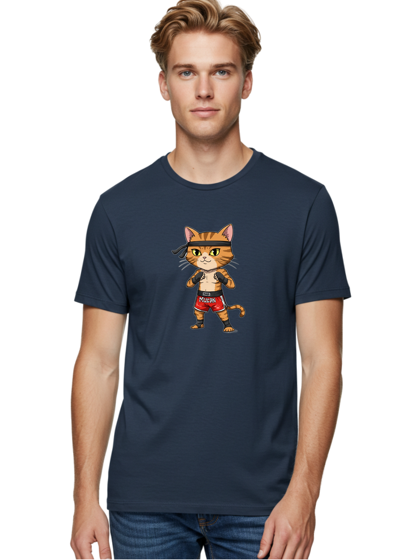 Muay-Thai-Cat-6 Men'S Graphic Tee, 100% Cotton, Comfortable Casual Summer Wear, Machine Washable, Cartoon Cat, Muay Thai Fighter, Red Shorts, Black Headband, Boxing Gloves, Combat Sports, Martial Arts, Cute Animal, Fighting Stance, Bae555 30