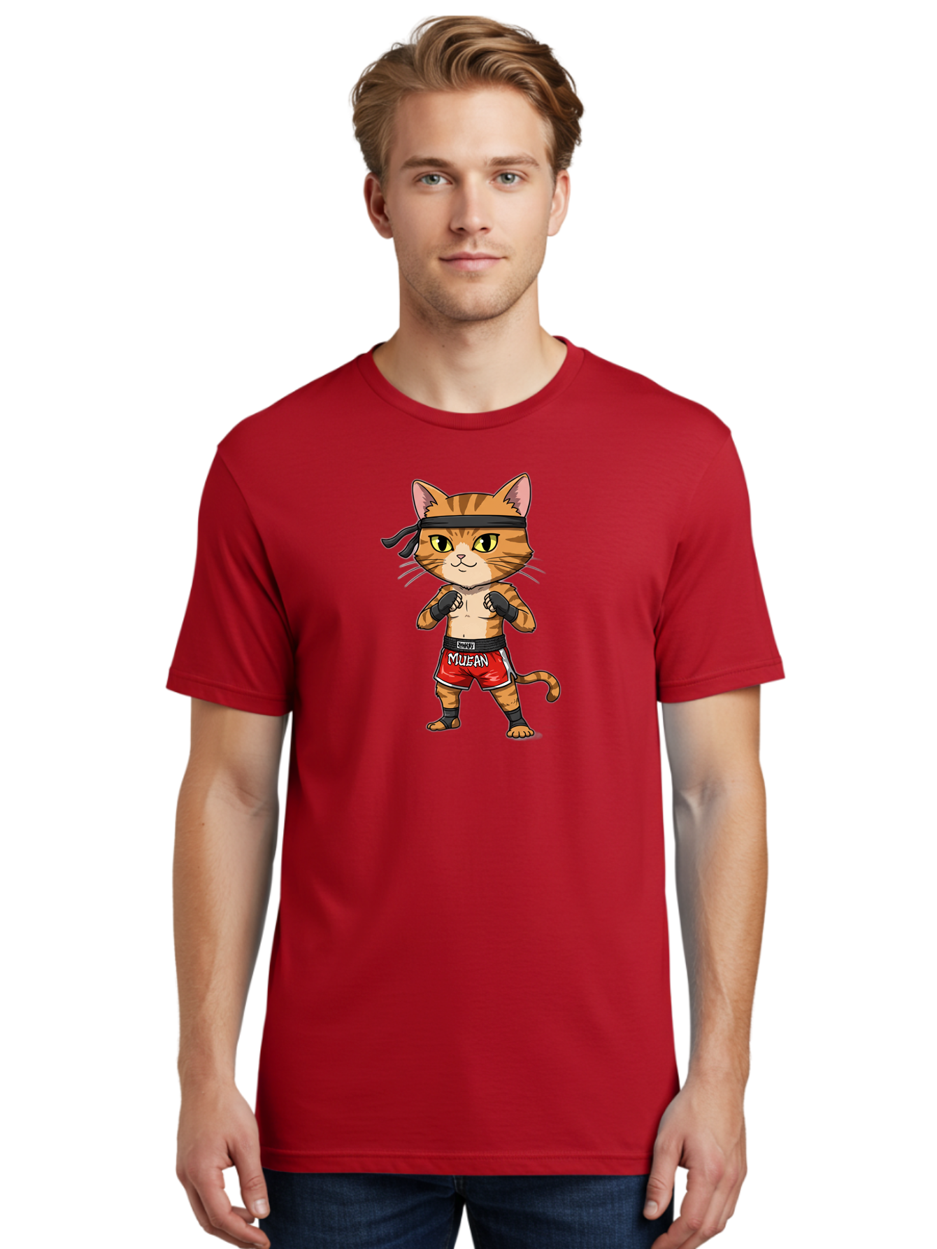 Muay-Thai-Cat-6 Men'S Graphic Tee, 100% Cotton, Comfortable Casual Summer Wear, Machine Washable, Cartoon Cat, Muay Thai Fighter, Red Shorts, Black Headband, Boxing Gloves, Combat Sports, Martial Arts, Cute Animal, Fighting Stance, Bae555 28