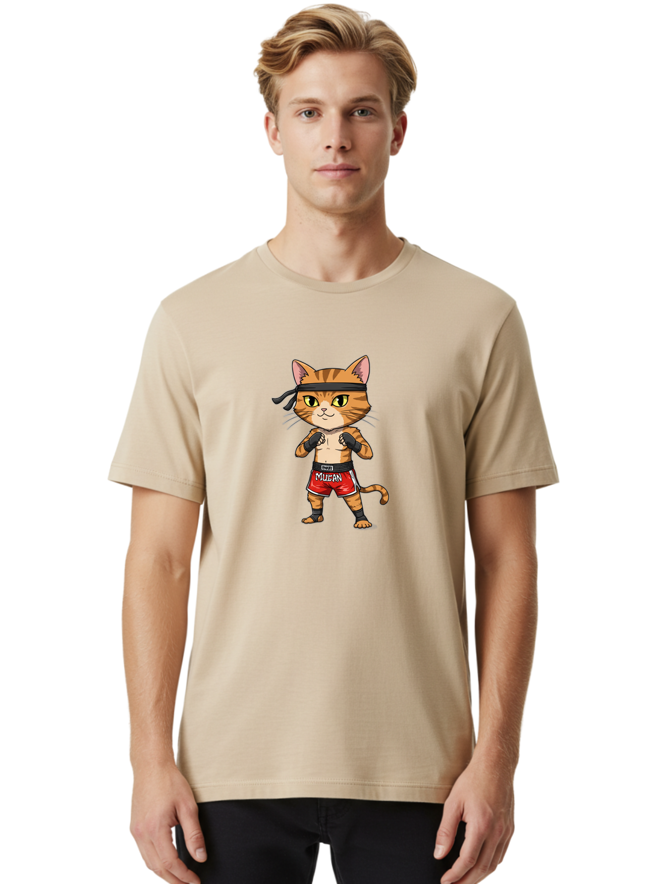 Muay-Thai-Cat-6 Men'S Graphic Tee, 100% Cotton, Comfortable Casual Summer Wear, Machine Washable, Cartoon Cat, Muay Thai Fighter, Red Shorts, Black Headband, Boxing Gloves, Combat Sports, Martial Arts, Cute Animal, Fighting Stance, Bae555 26