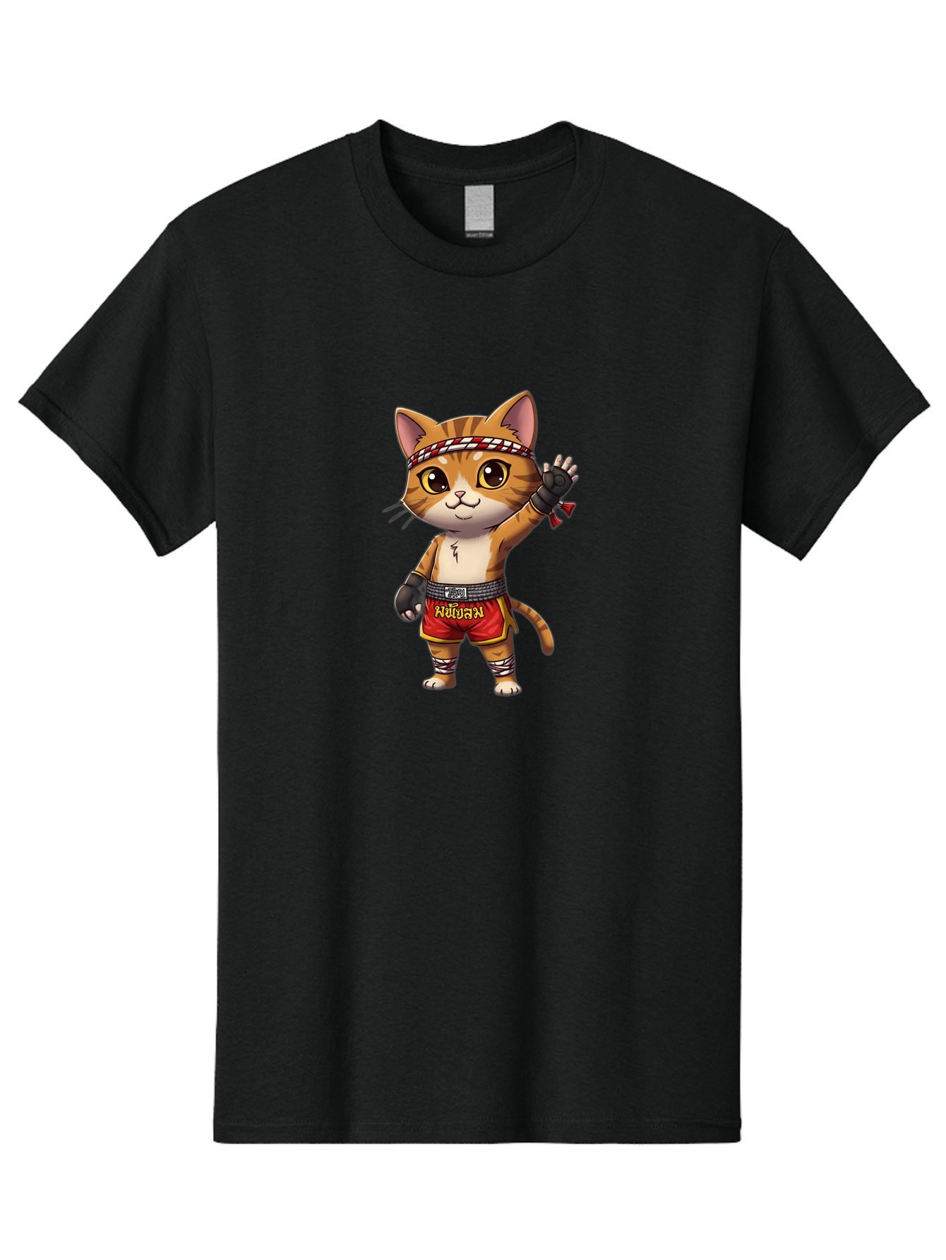 Muay-Thai-Cat-7 Men'S Graphic Tee, 100% Cotton, Comfortable Casual Summer Wear, Machine Washable, Cartoon Cat, Muay Thai Fighter, Martial Arts, Red Shorts, Black Gloves, Headband, Muay Thai, Fighting Cat, Kawaii, Anime Style, Bae556 12